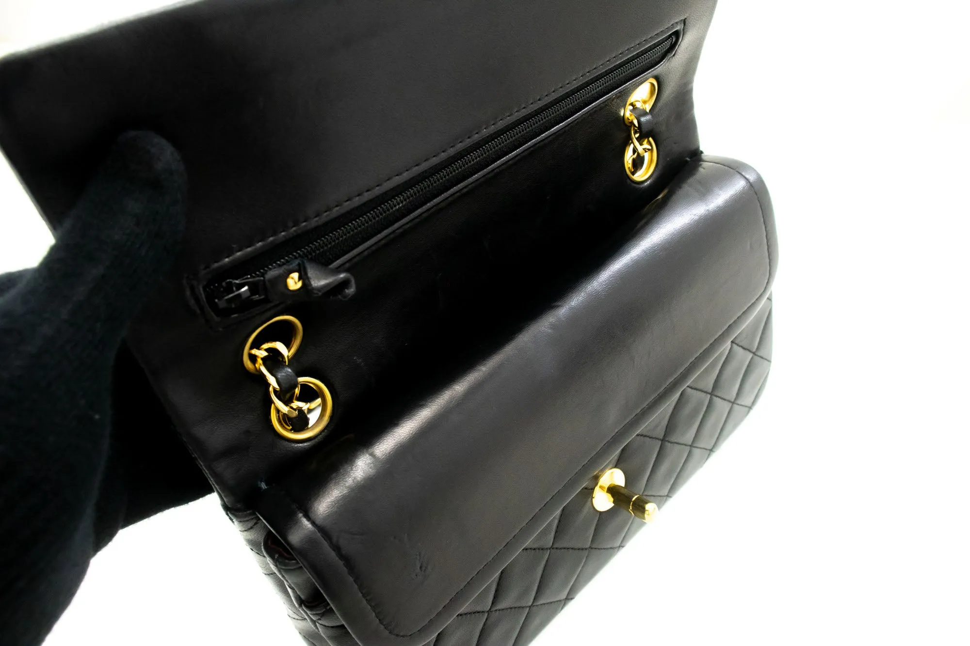CHANEL Classic Double Flap 9" Chain Shoulder Bag Black Lambskin n92
