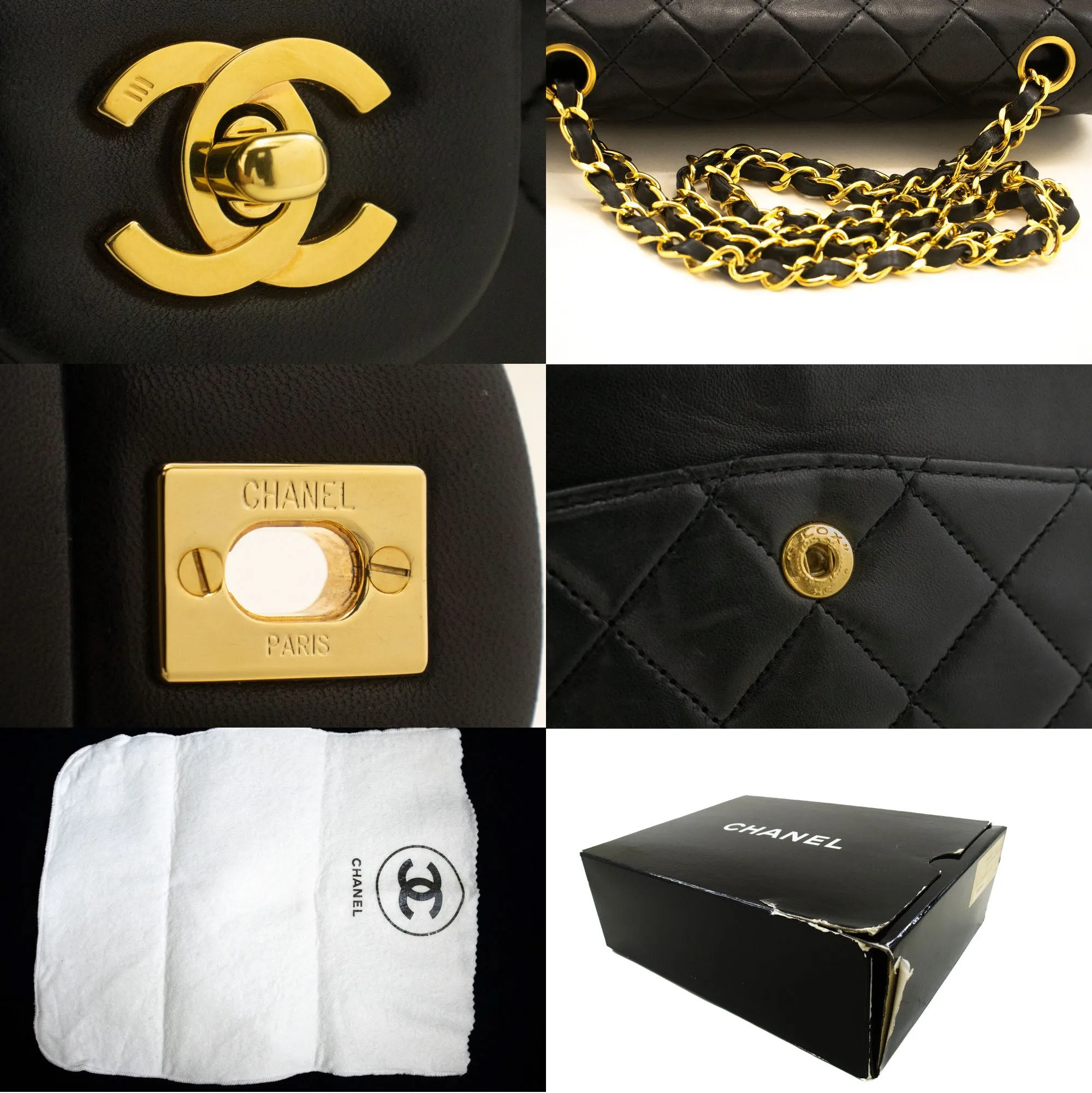 CHANEL Classic Double Flap 9" Chain Shoulder Bag Black Lambskin n92