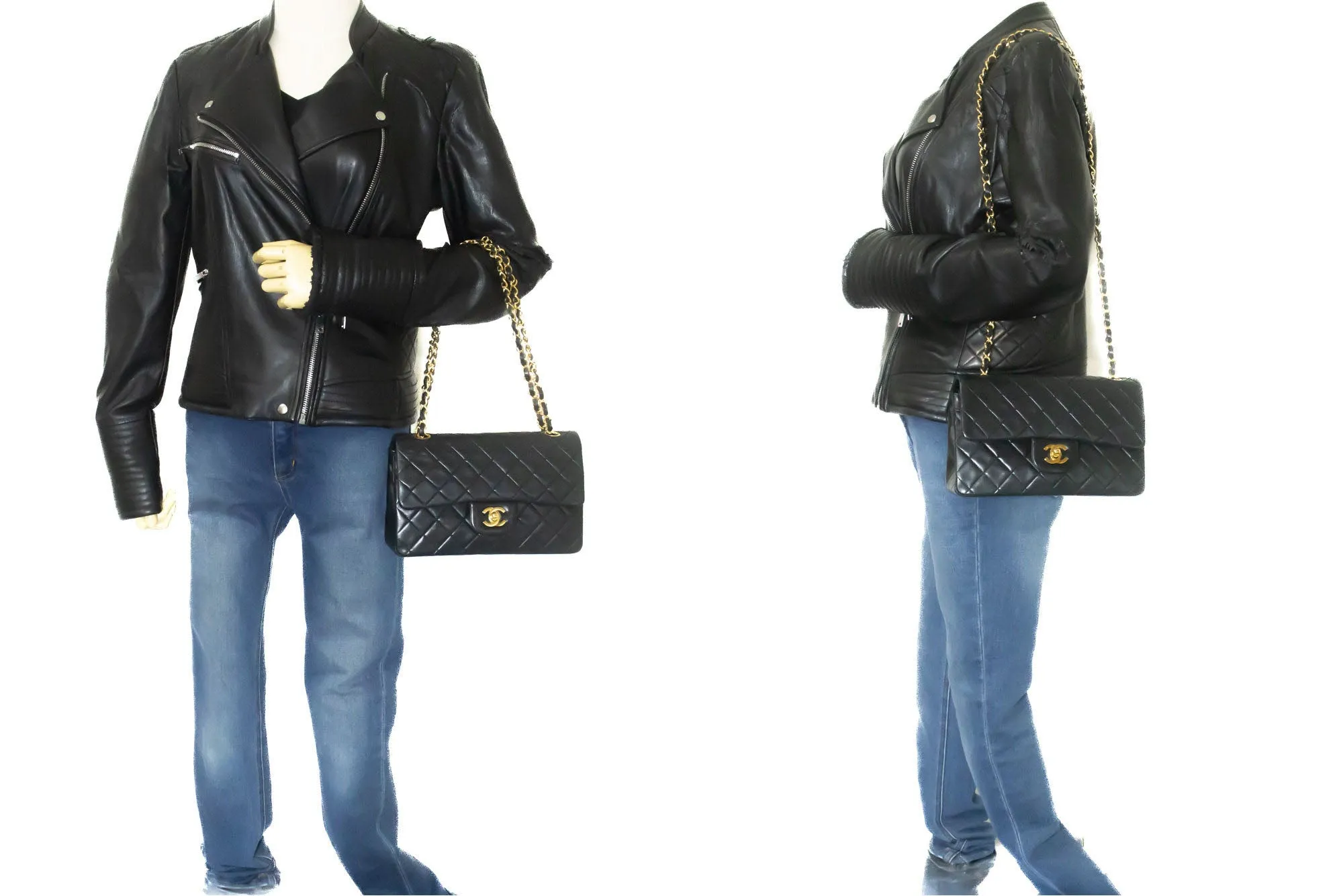 CHANEL Classic Double Flap 9" Chain Shoulder Bag Black Lambskin n92