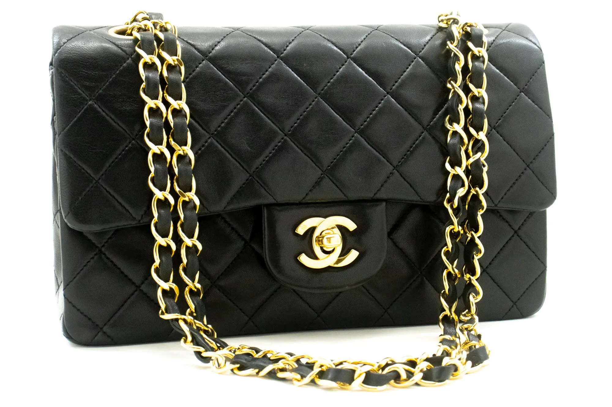 CHANEL Classic Double Flap 9" Chain Shoulder Bag Black Lambskin n92