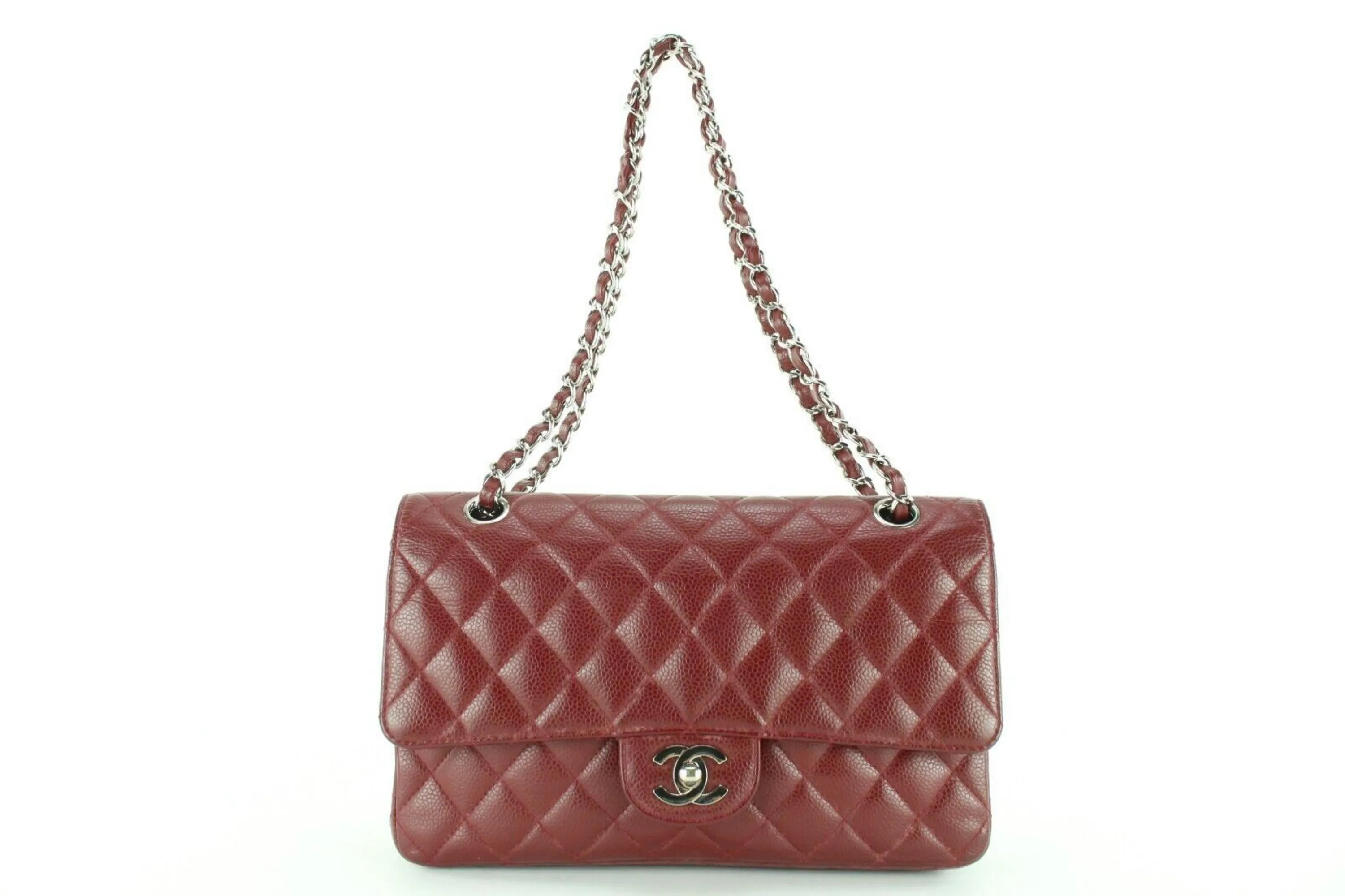 Chanel Dark Red Burgundy Quilted Caviar Medium Double Flap Classic SHW 1CC1202