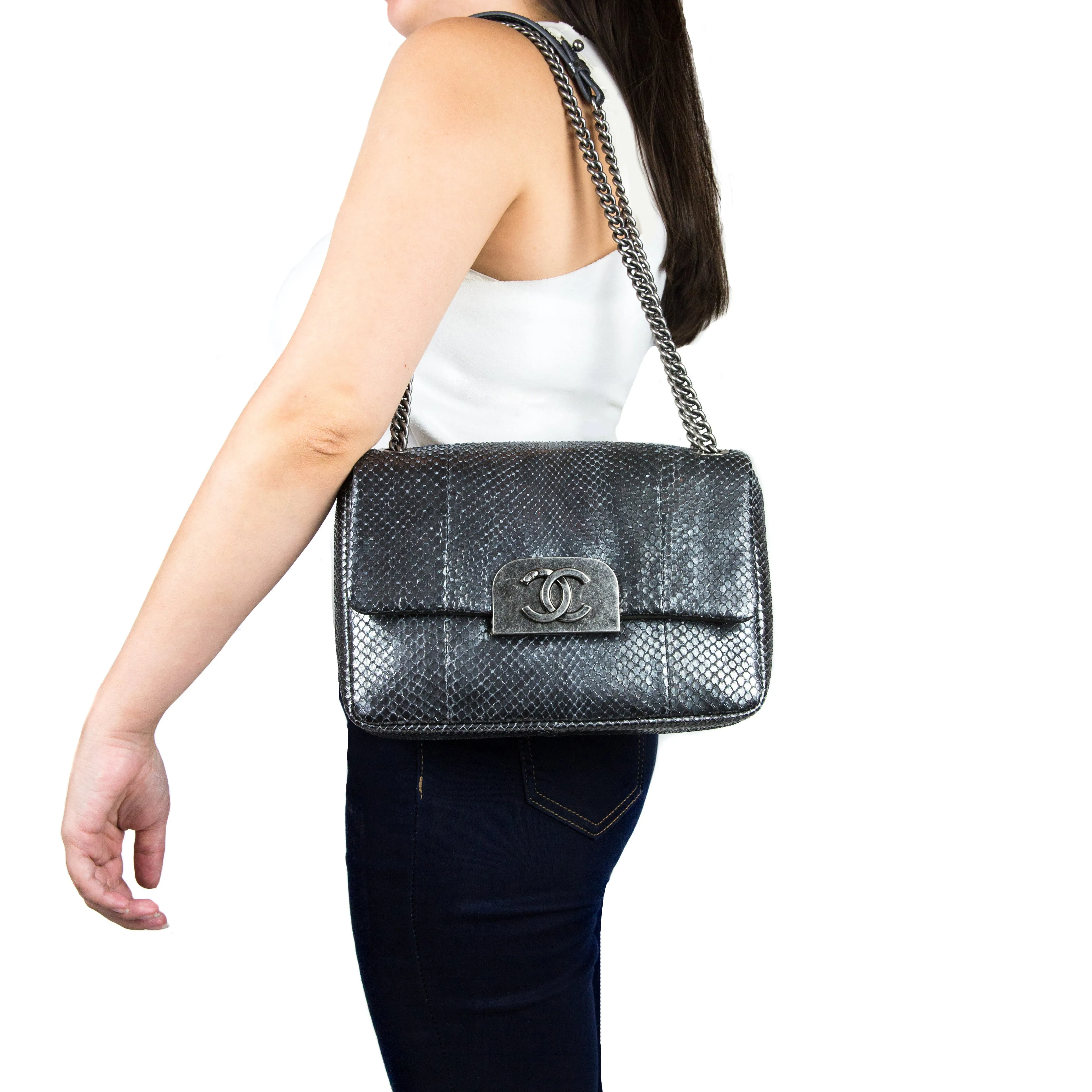 Chanel Grey Metallic Python Shanghai Bag