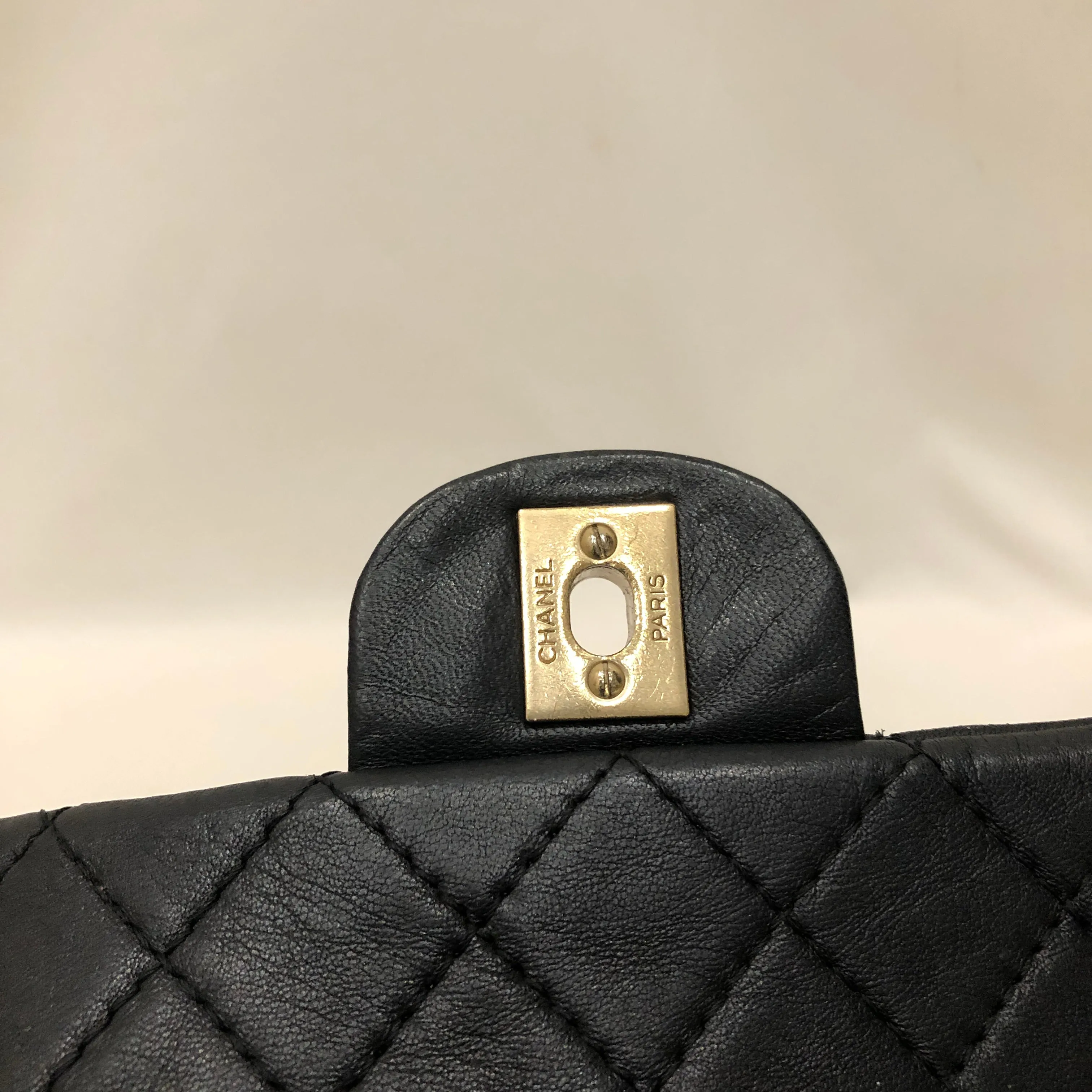 Chanel Quilted Black Leather Gem Logo Closure Classic Flap Shoulder Bag Sku# 83284