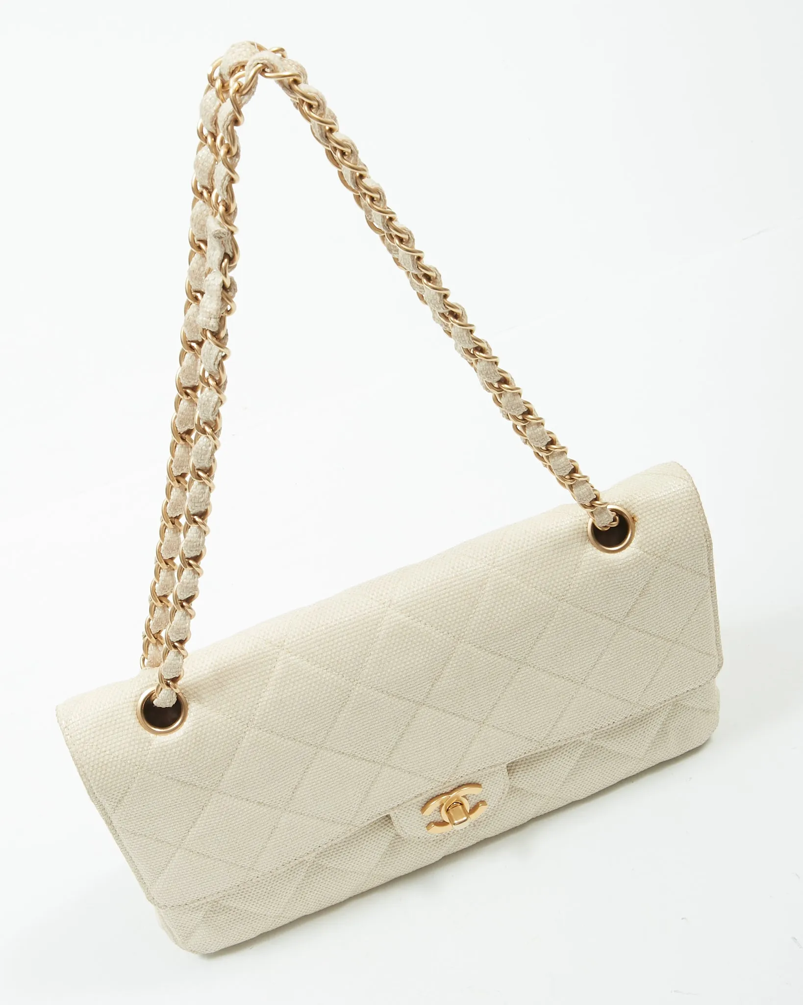 Chanel Vintage Beige Canvas Quilted Medium Double Flap Bag