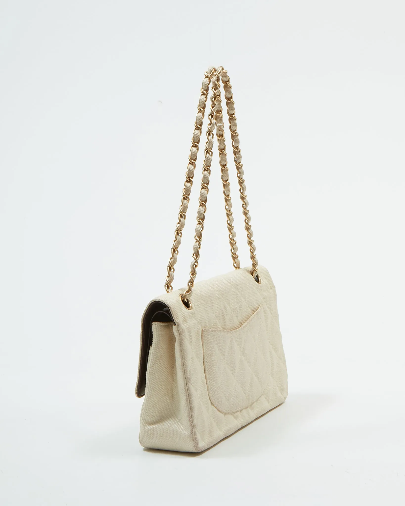 Chanel Vintage Beige Canvas Quilted Medium Double Flap Bag
