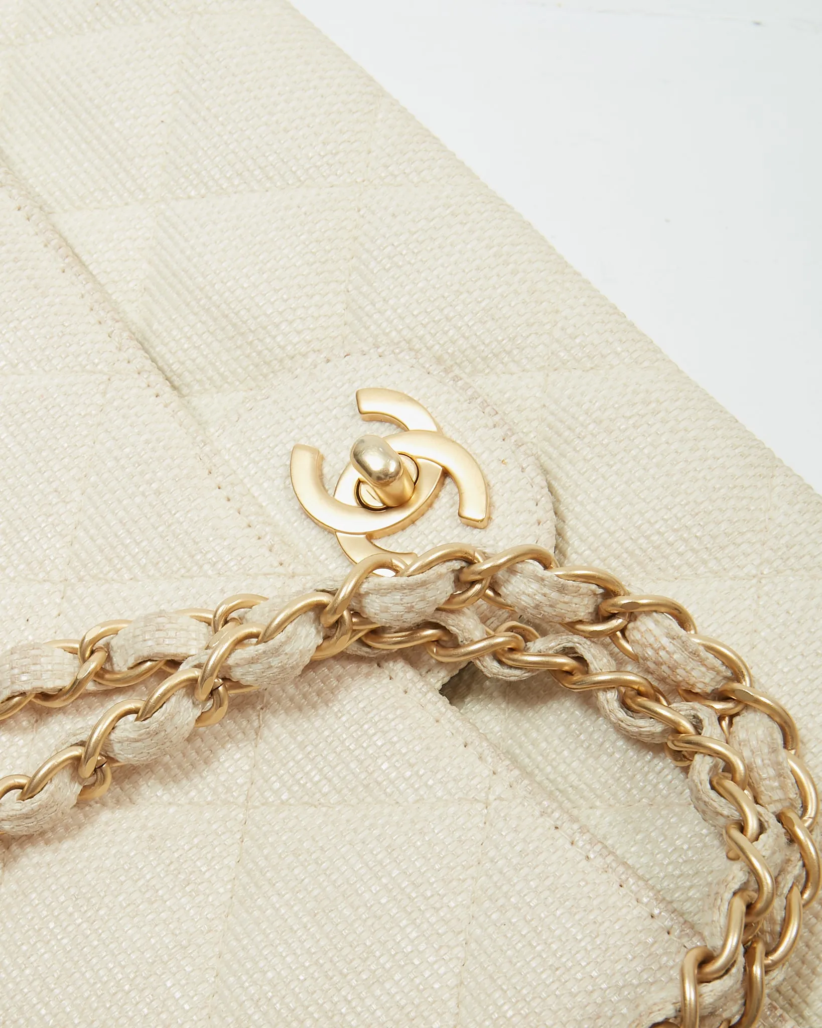 Chanel Vintage Beige Canvas Quilted Medium Double Flap Bag