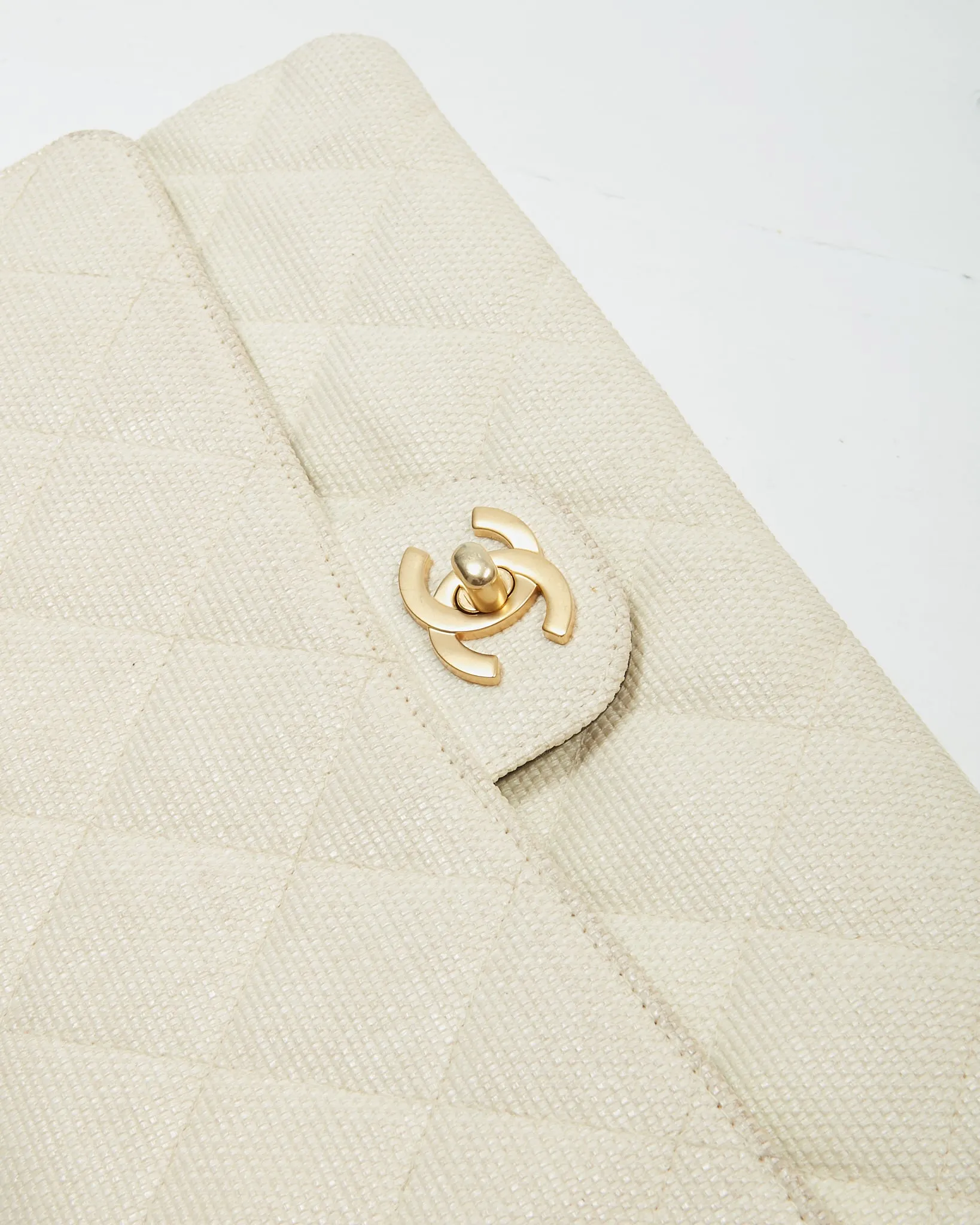 Chanel Vintage Beige Canvas Quilted Medium Double Flap Bag