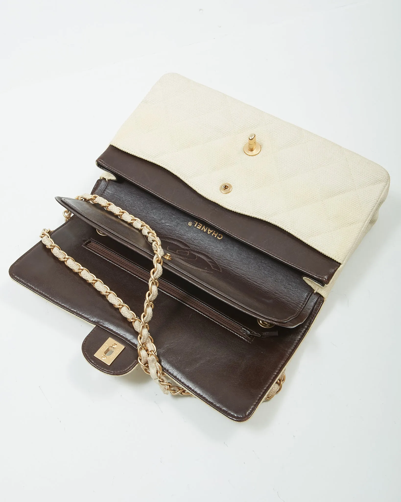Chanel Vintage Beige Canvas Quilted Medium Double Flap Bag