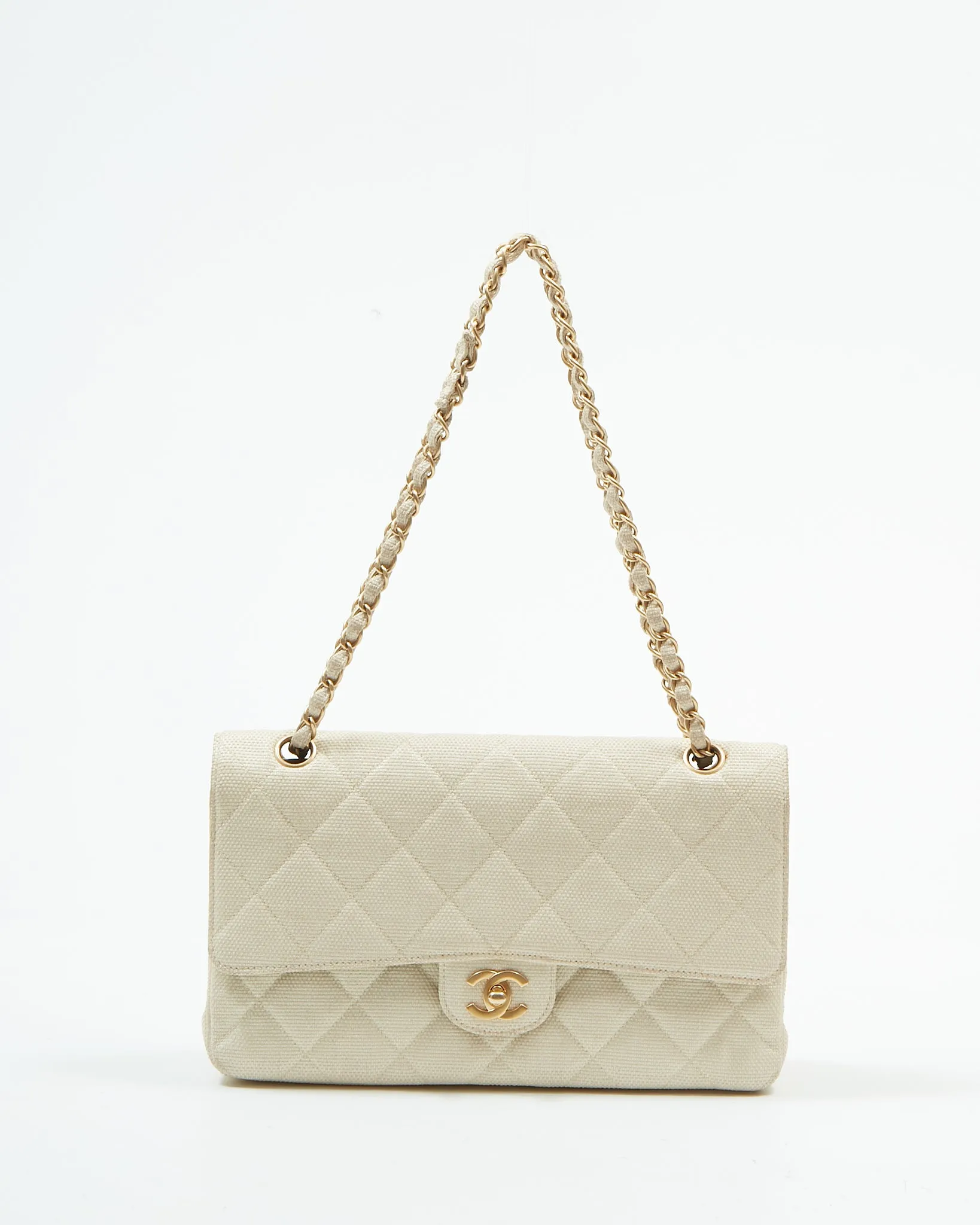 Chanel Vintage Beige Canvas Quilted Medium Double Flap Bag