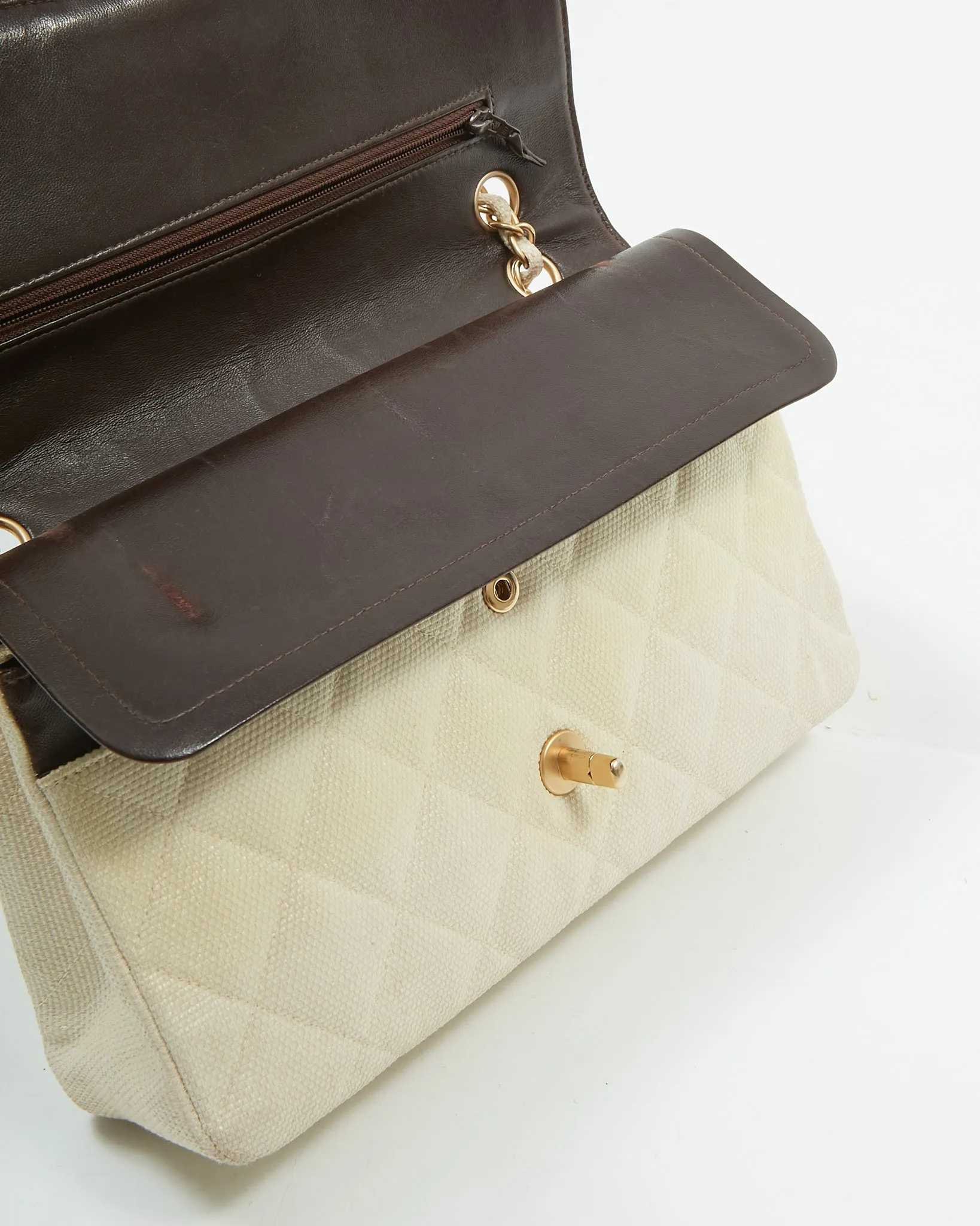 Chanel Vintage Beige Canvas Quilted Medium Double Flap Bag