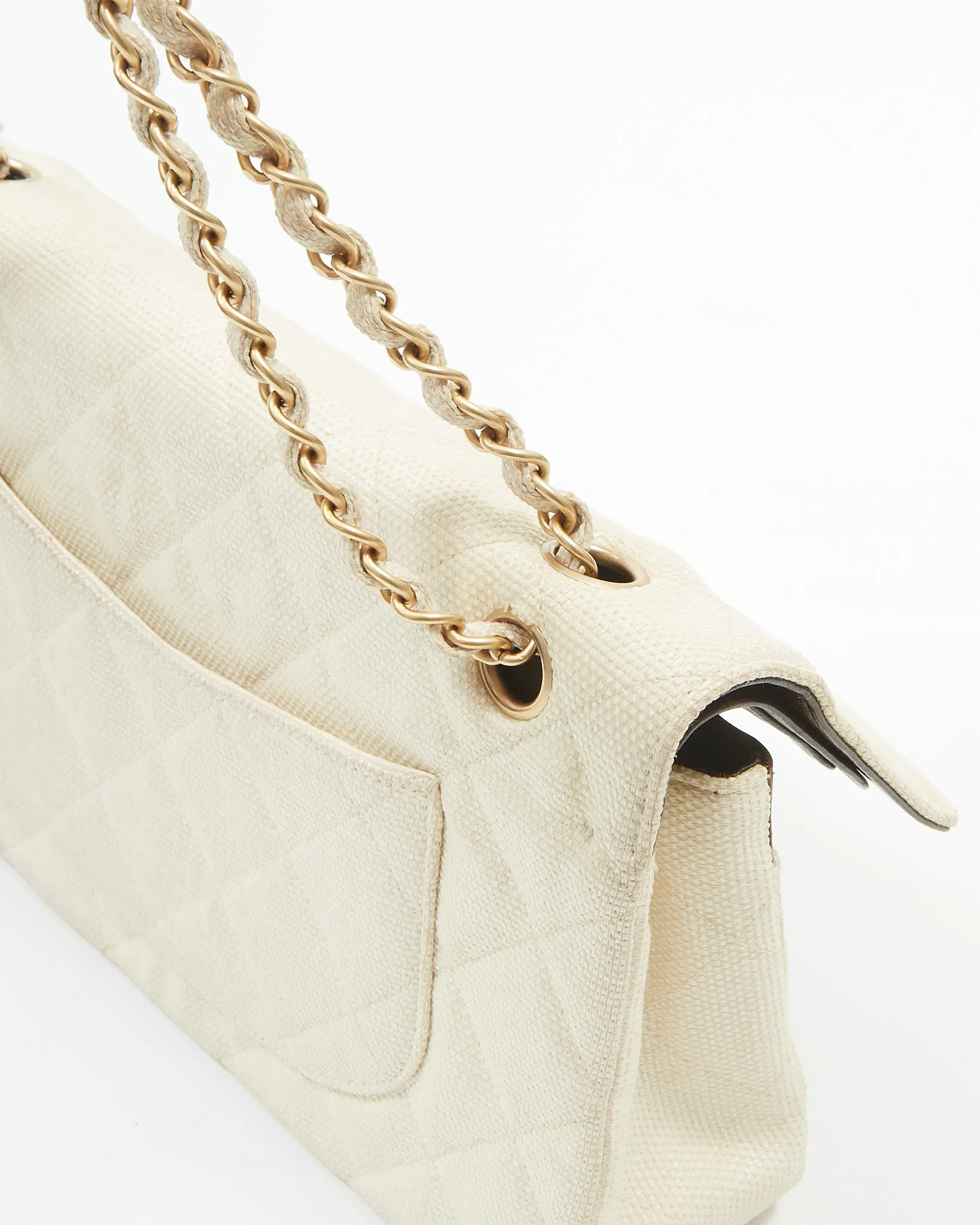 Chanel Vintage Beige Canvas Quilted Medium Double Flap Bag