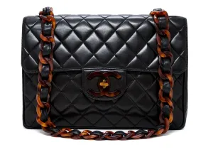 Chanel Vintage Black Lambskin Rare Tortoise Single Flap Jumbo