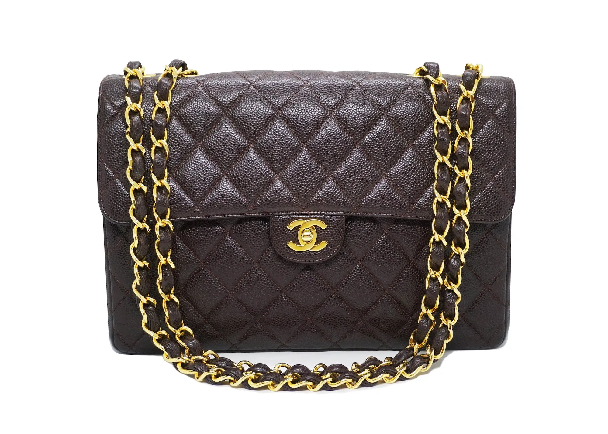 Chanel Vintage Brown Caviar Classic Single Flap Jumbo
