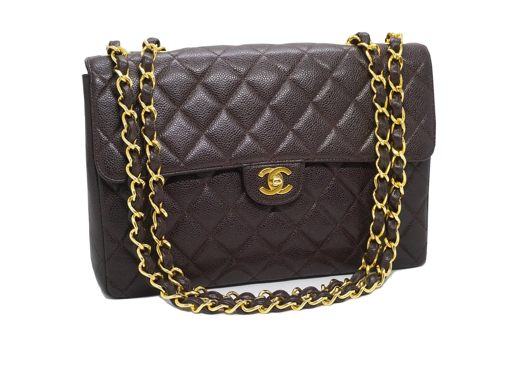 Chanel Vintage Brown Caviar Classic Single Flap Jumbo