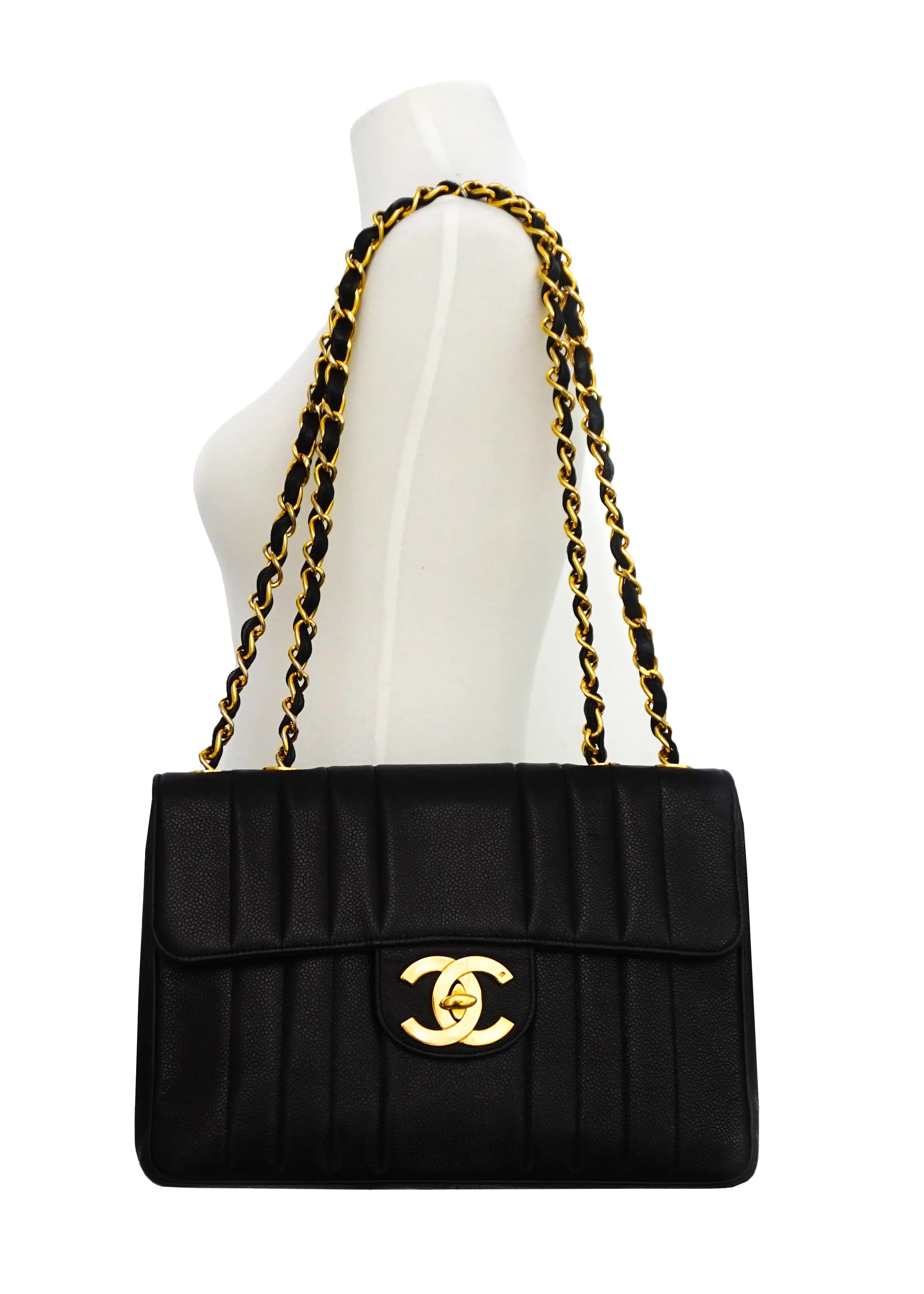 Chanel Vintage Rare Black Caviar Vertical Quilted Jumbo