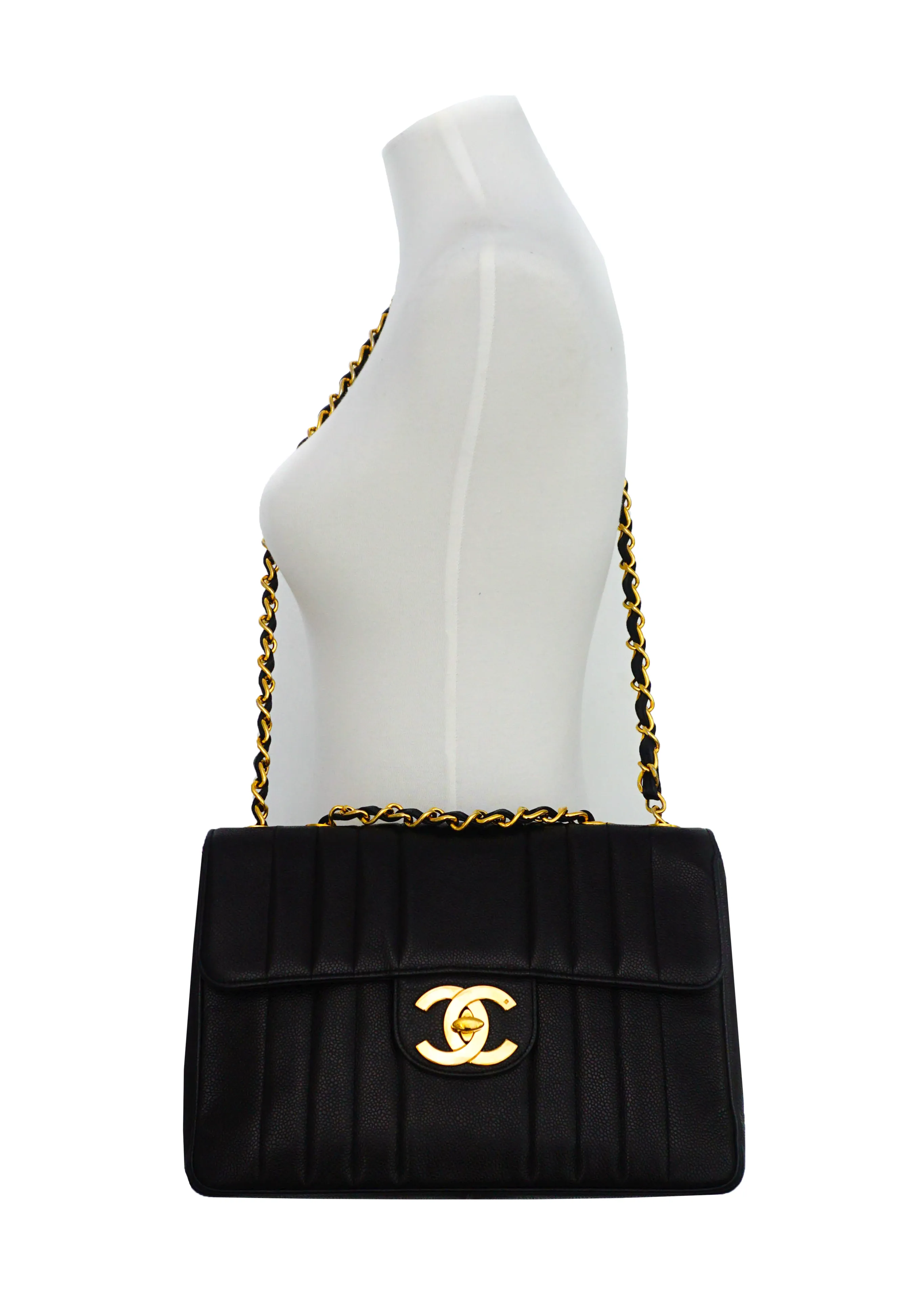 Chanel Vintage Rare Black Caviar Vertical Quilted Jumbo