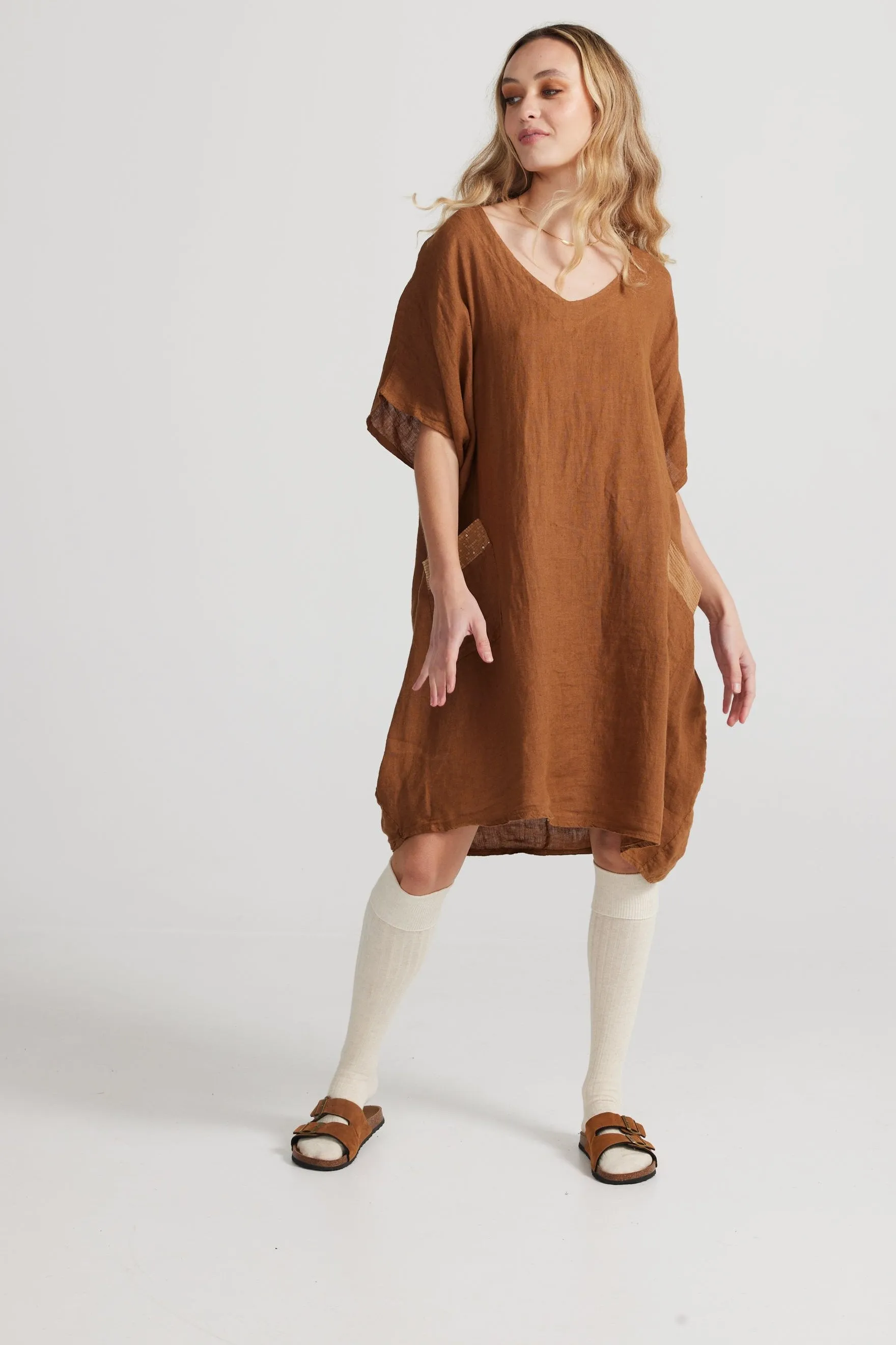 Charlie Linen dress. Tobacco