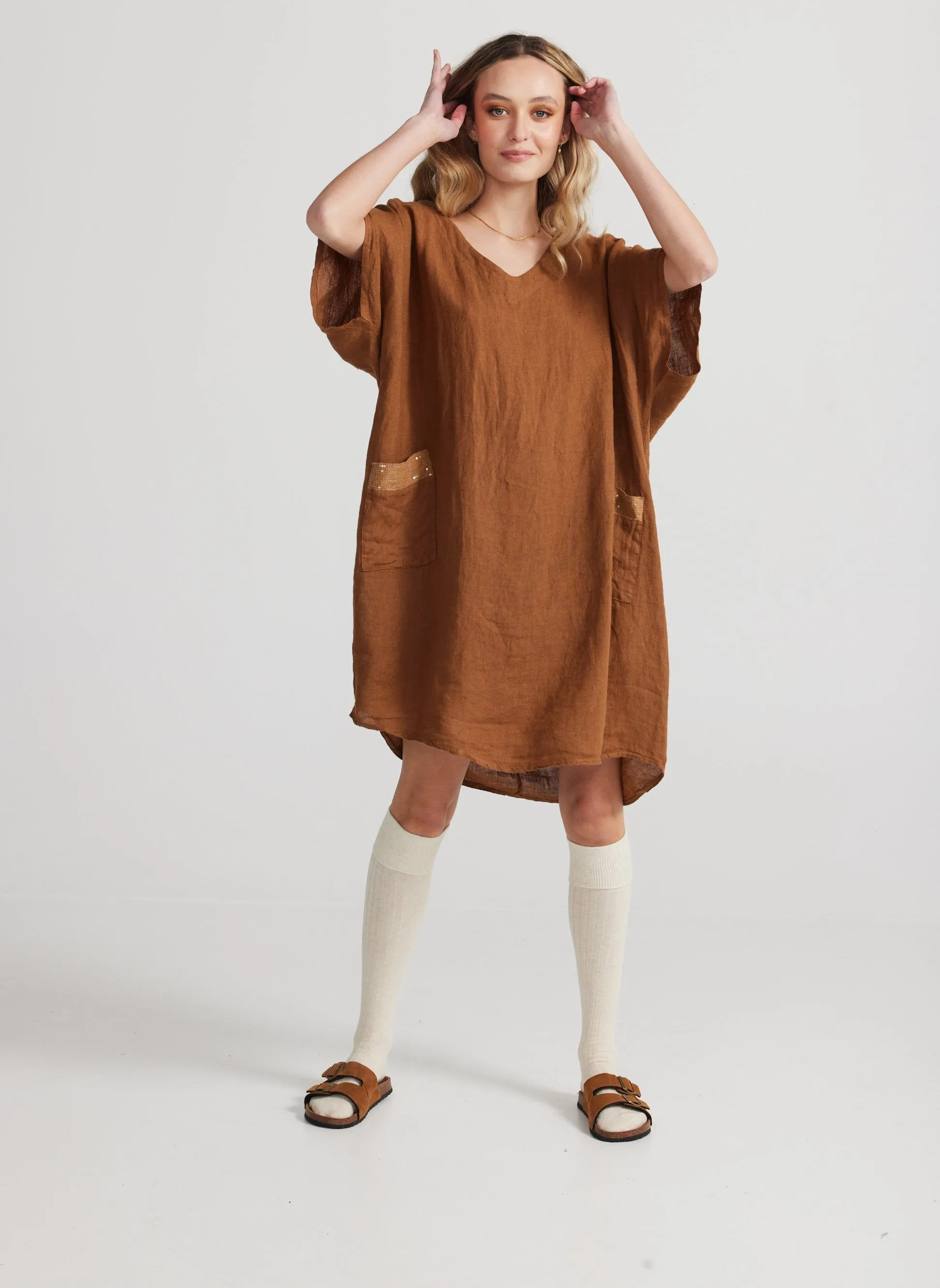 Charlie Linen dress. Tobacco