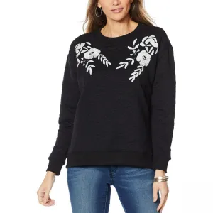 Curations Women's Quilted Sweatshirt With Floral Applique Black Large