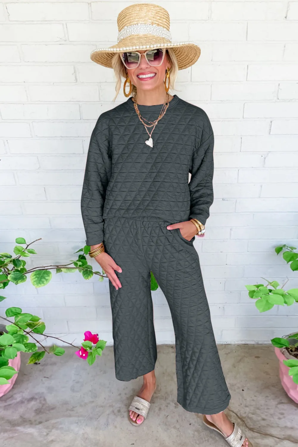 Dark Grey Solid Quilted Long Sleeve Top Pants Outfit