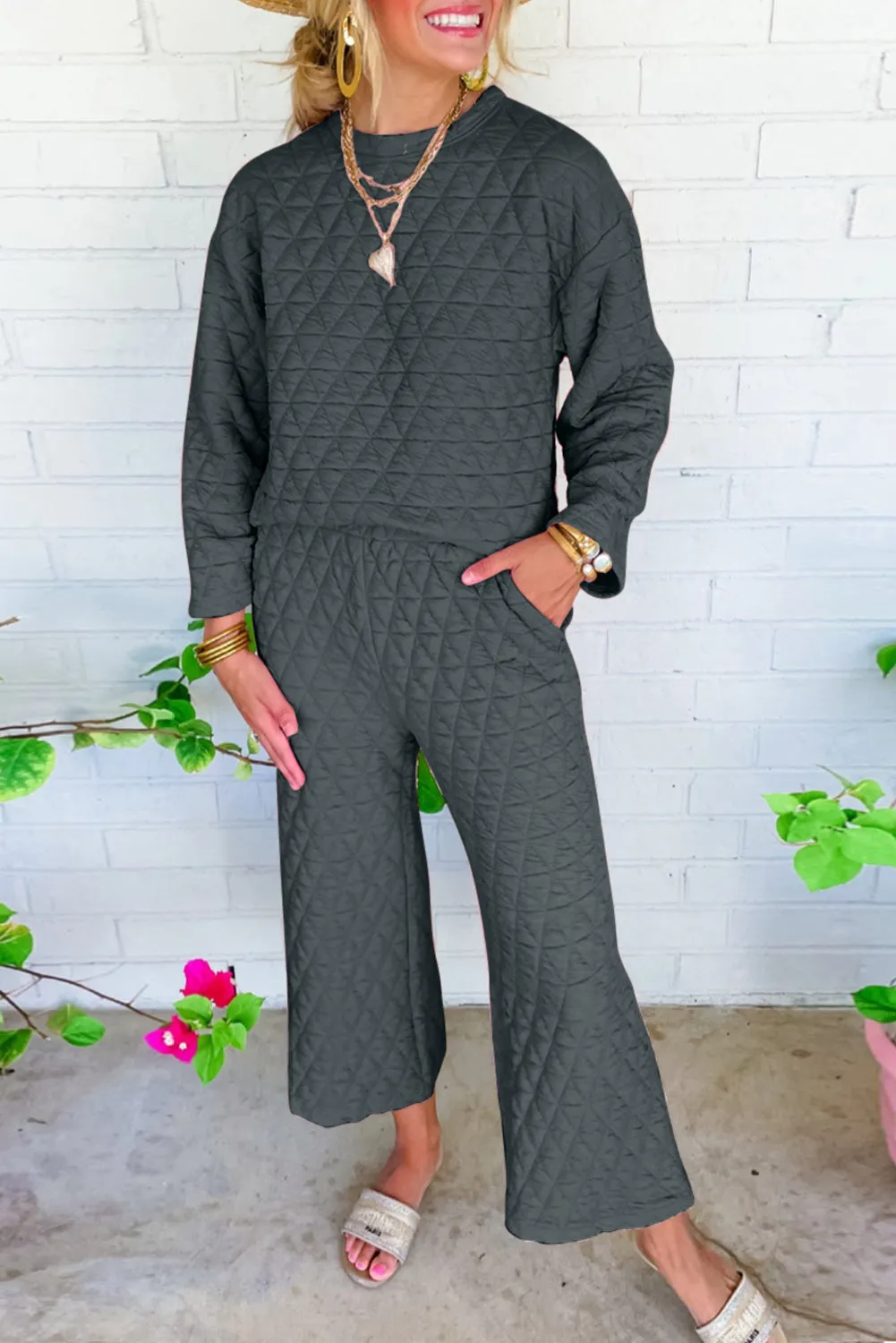 Dark Grey Solid Quilted Long Sleeve Top Pants Outfit