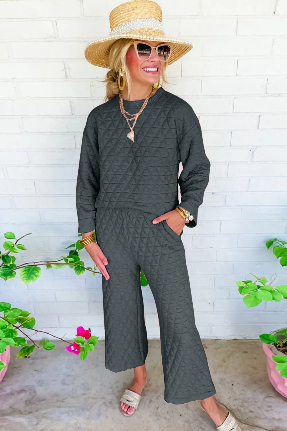 Dark Grey Solid Quilted Long Sleeve Top Pants Outfit