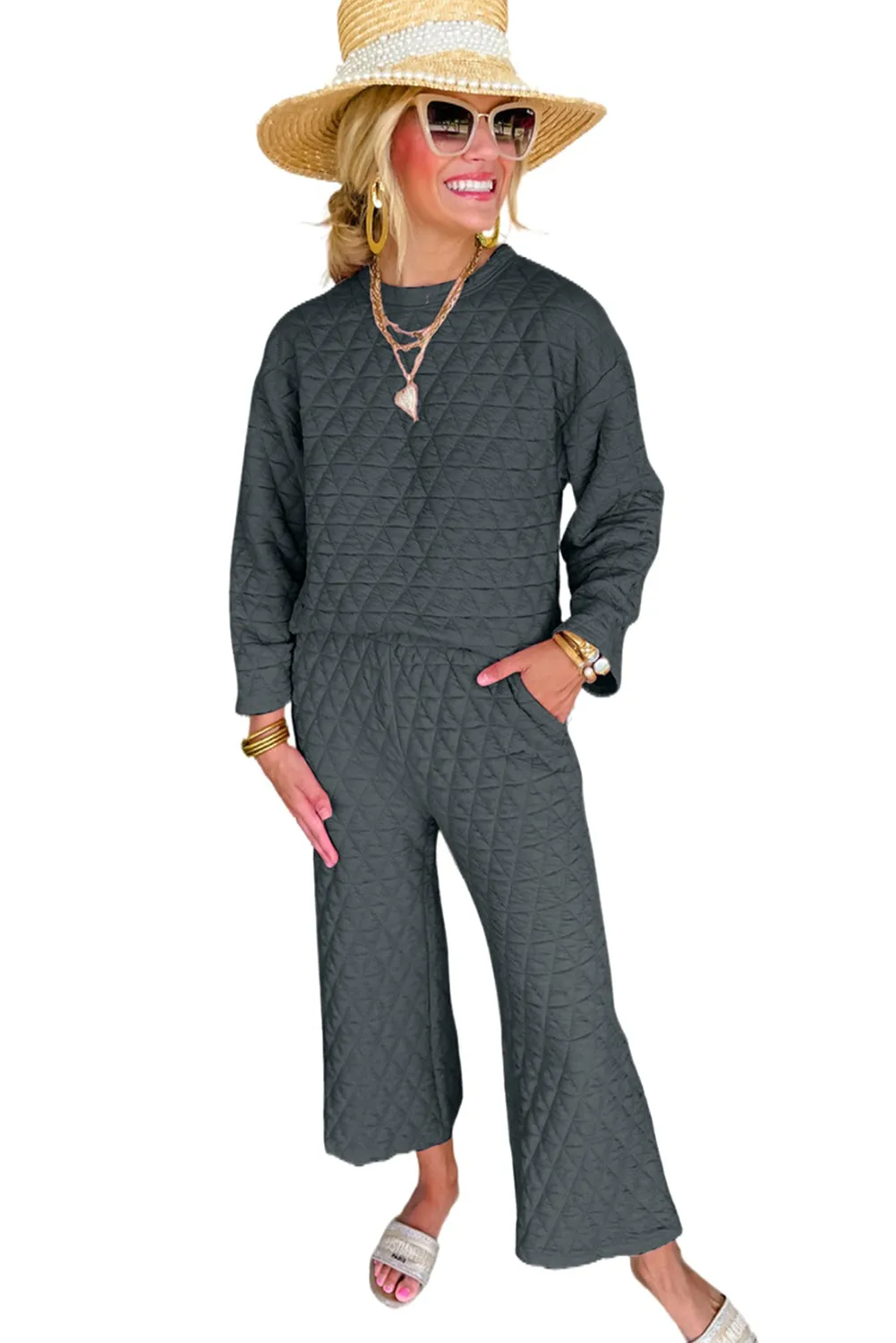 Dark Grey Solid Quilted Long Sleeve Top Pants Outfit