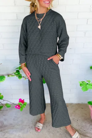 Dark Grey Solid Quilted Long Sleeve Top Pants Outfit