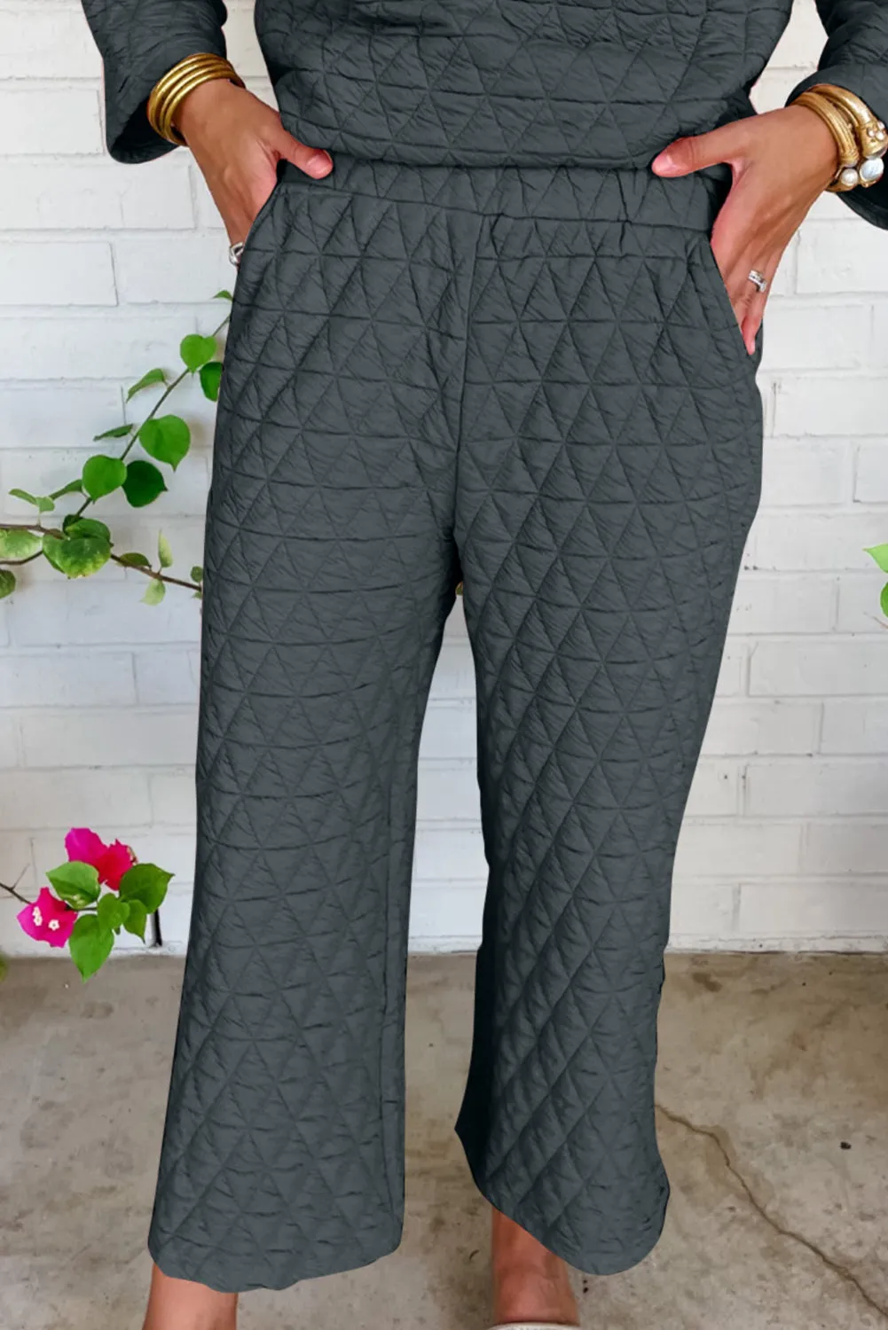 Dark Grey Solid Quilted Long Sleeve Top Pants Outfit