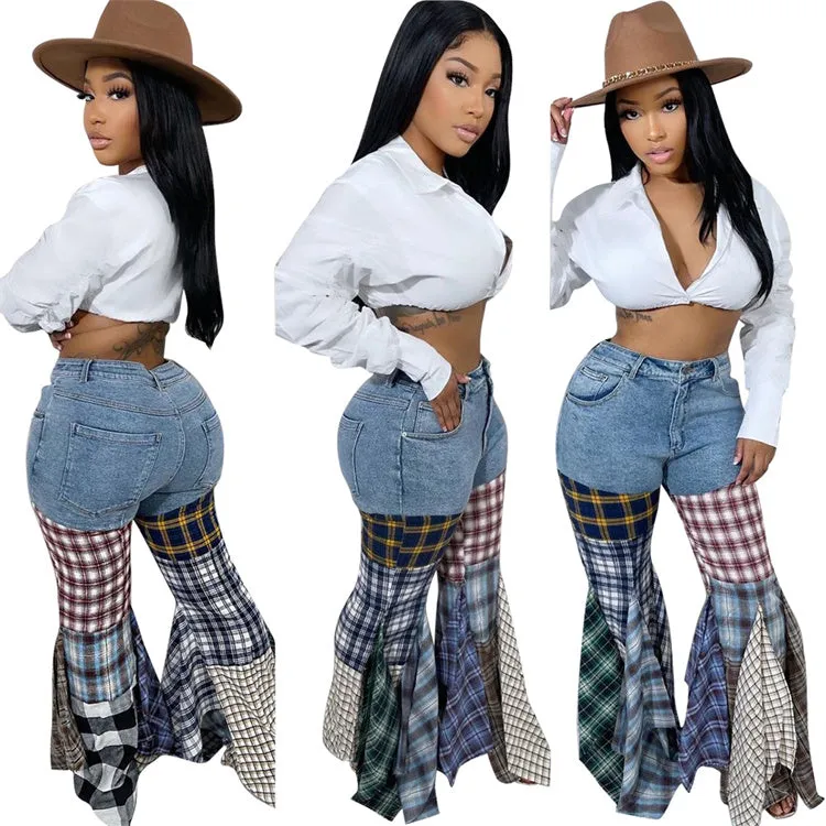 Denim Patchwork Plaid Print Jeans