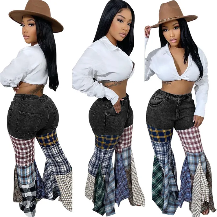 Denim Patchwork Plaid Print Jeans
