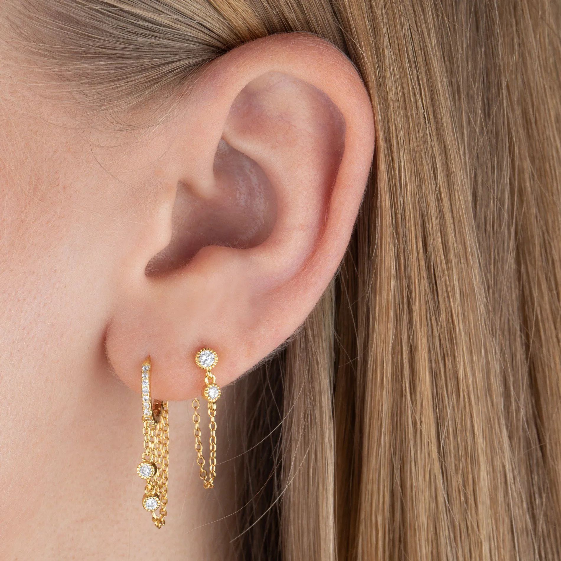 Double Bezel Chain Drop Stud Earring