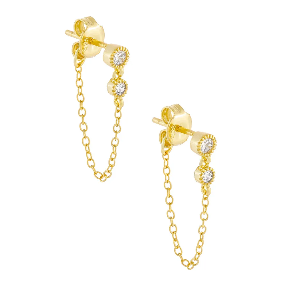 Double Bezel Chain Drop Stud Earring