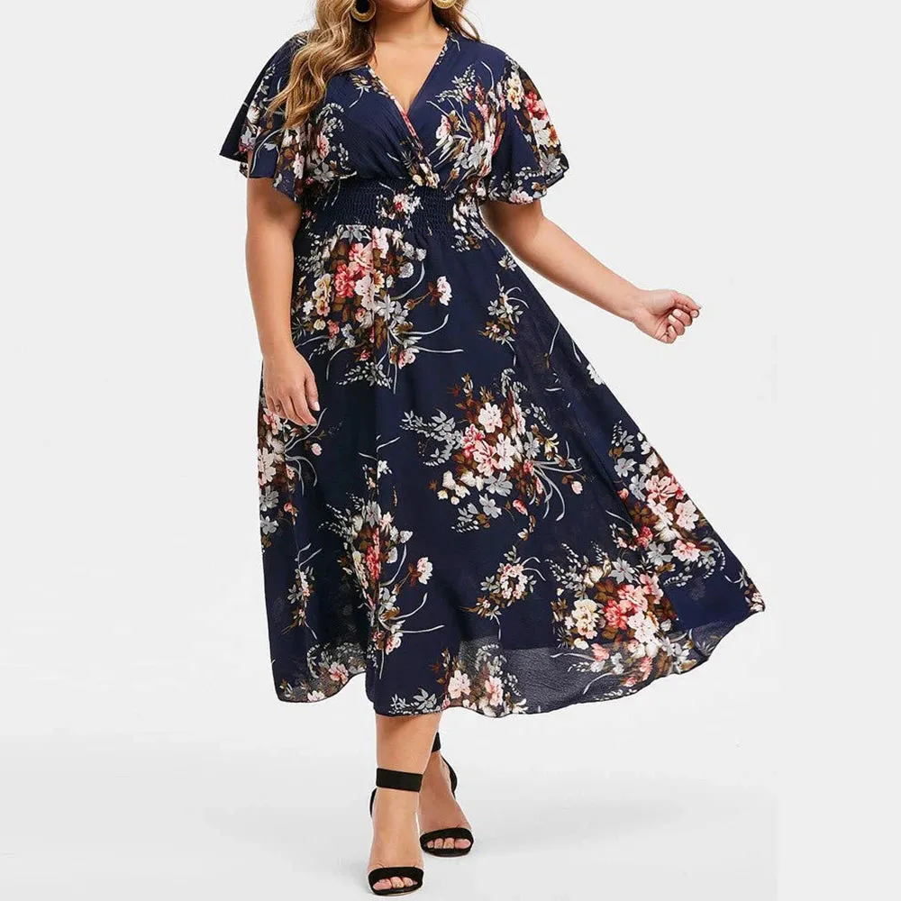 Dress Plus Size Elegant Butterfly Sleeve Floral Print