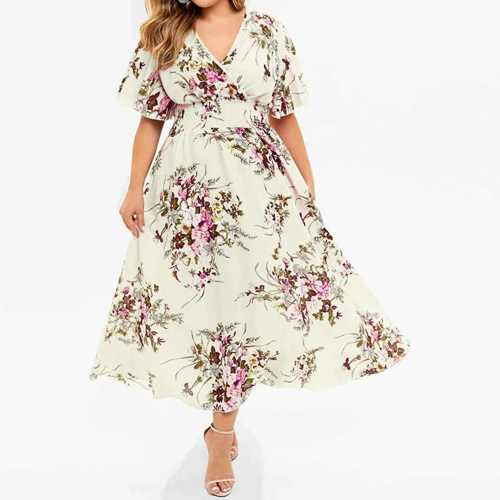 Dress Plus Size Elegant Butterfly Sleeve Floral Print