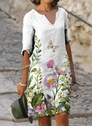 DS11044 Casual Floral Tunic V Neckline A line Dress