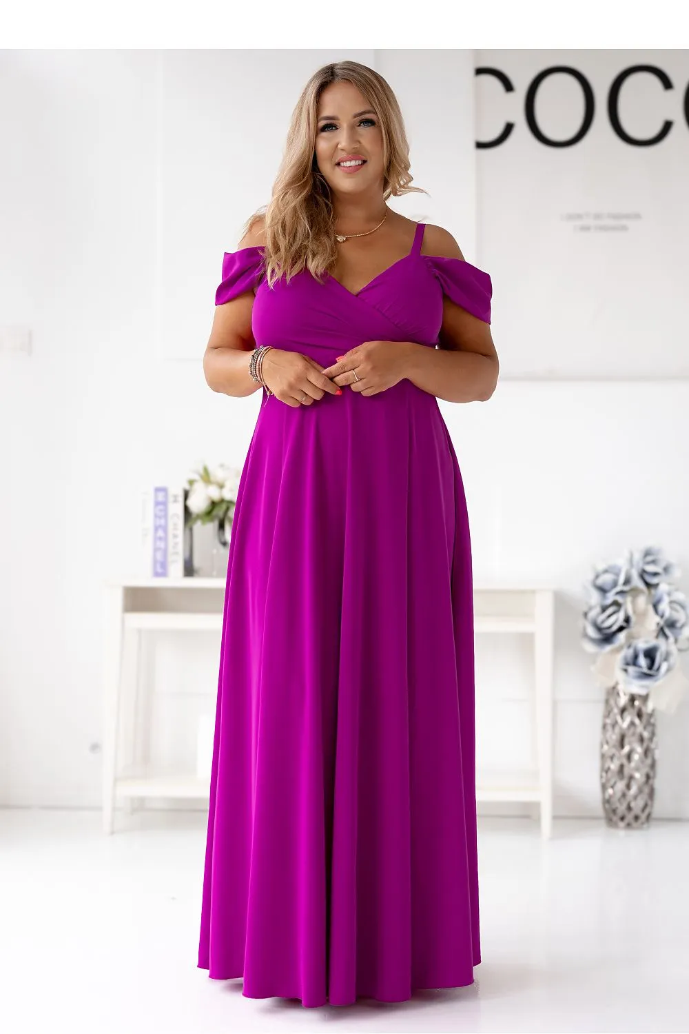 Elegant long formal dress with a wrap neck