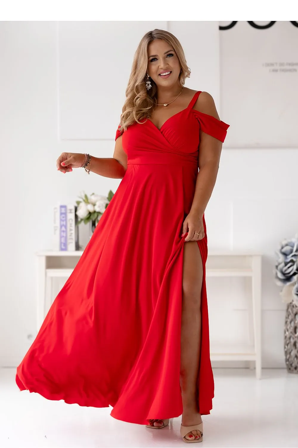 Elegant long formal dress with a wrap neck