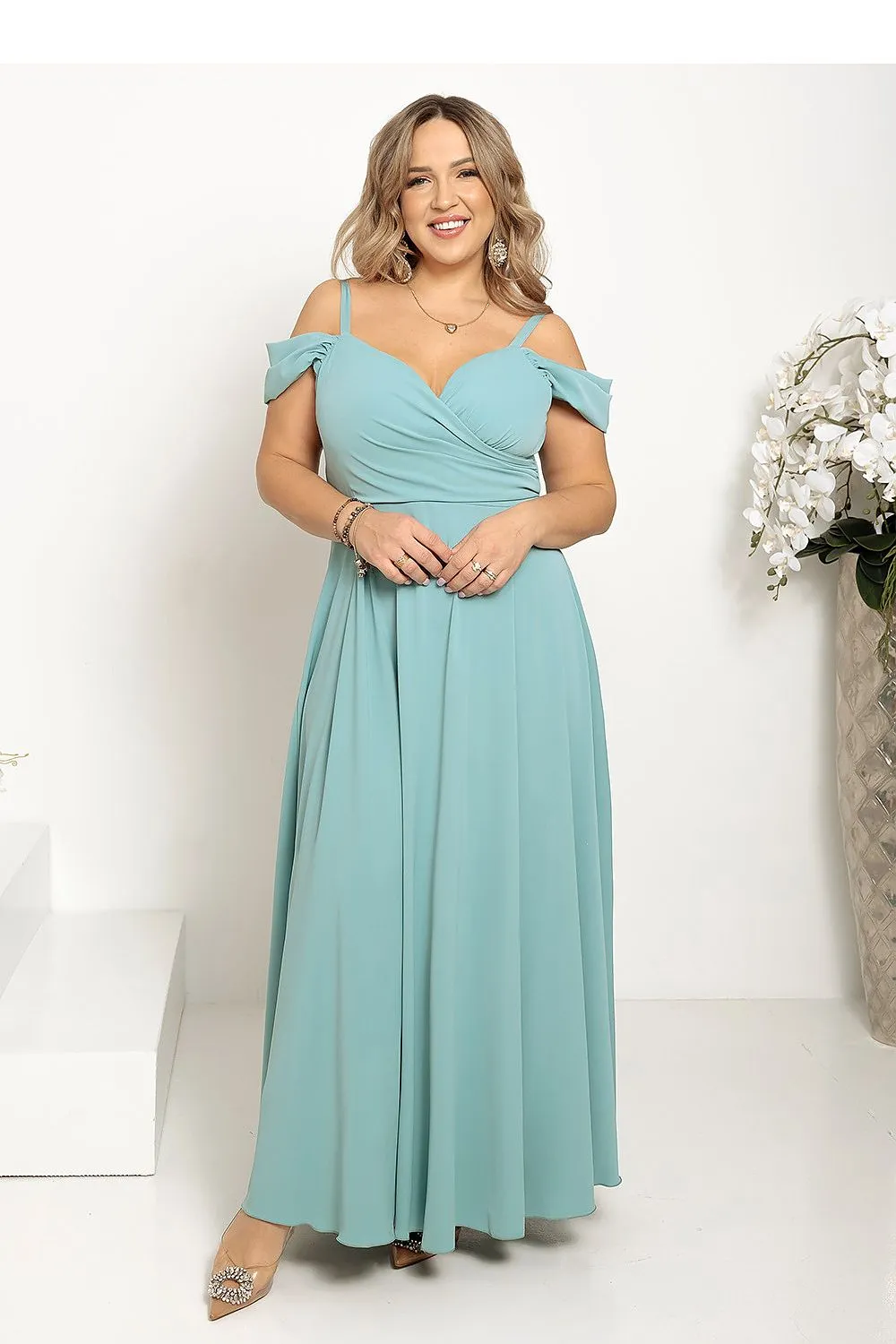 Elegant long formal dress with a wrap neck