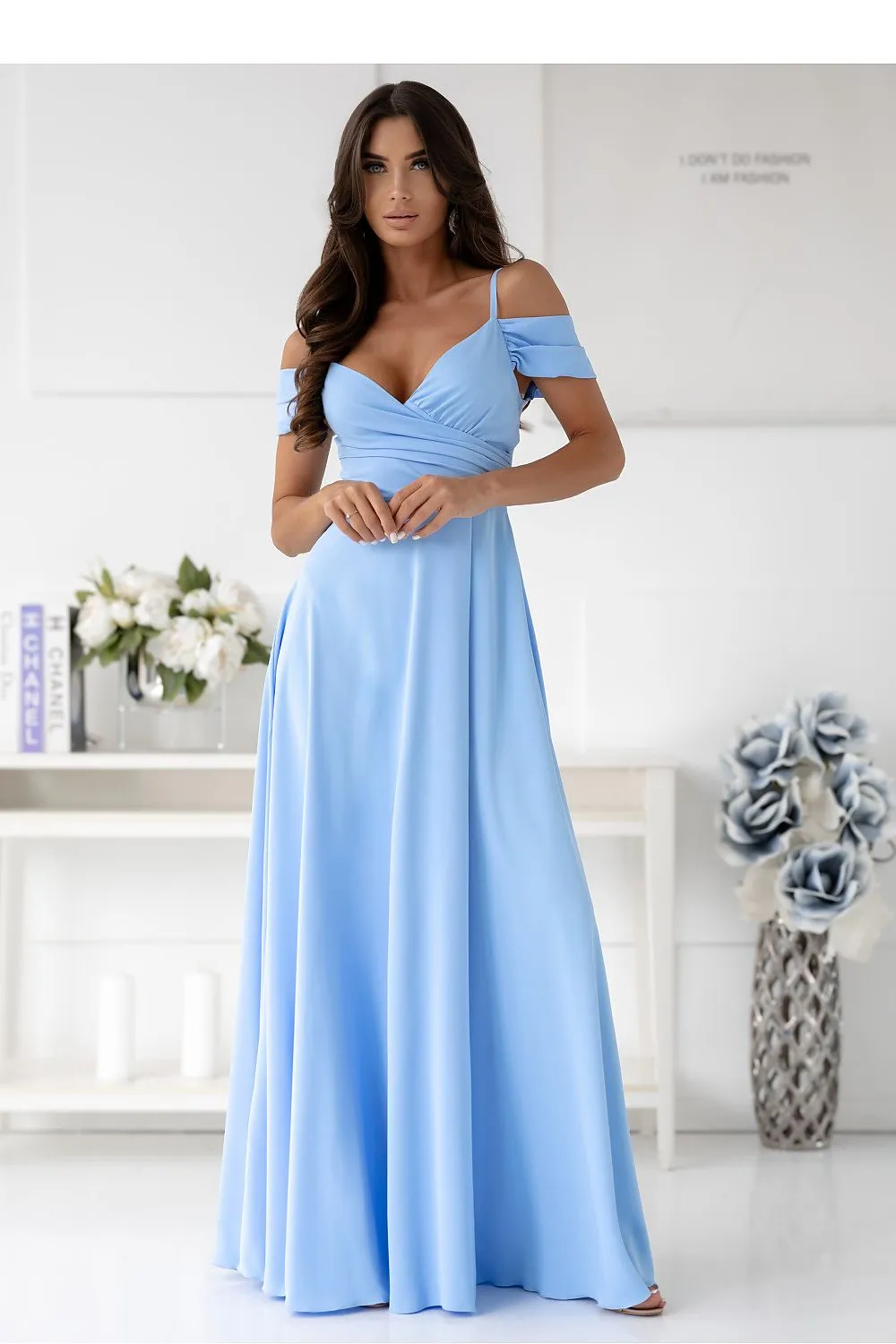Elegant long formal dress with a wrap neck