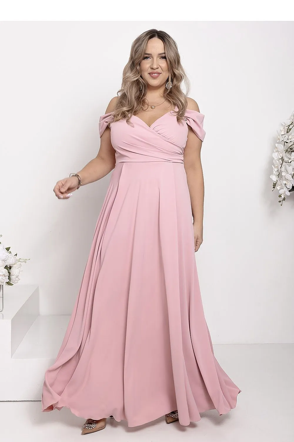 Elegant long formal dress with a wrap neck