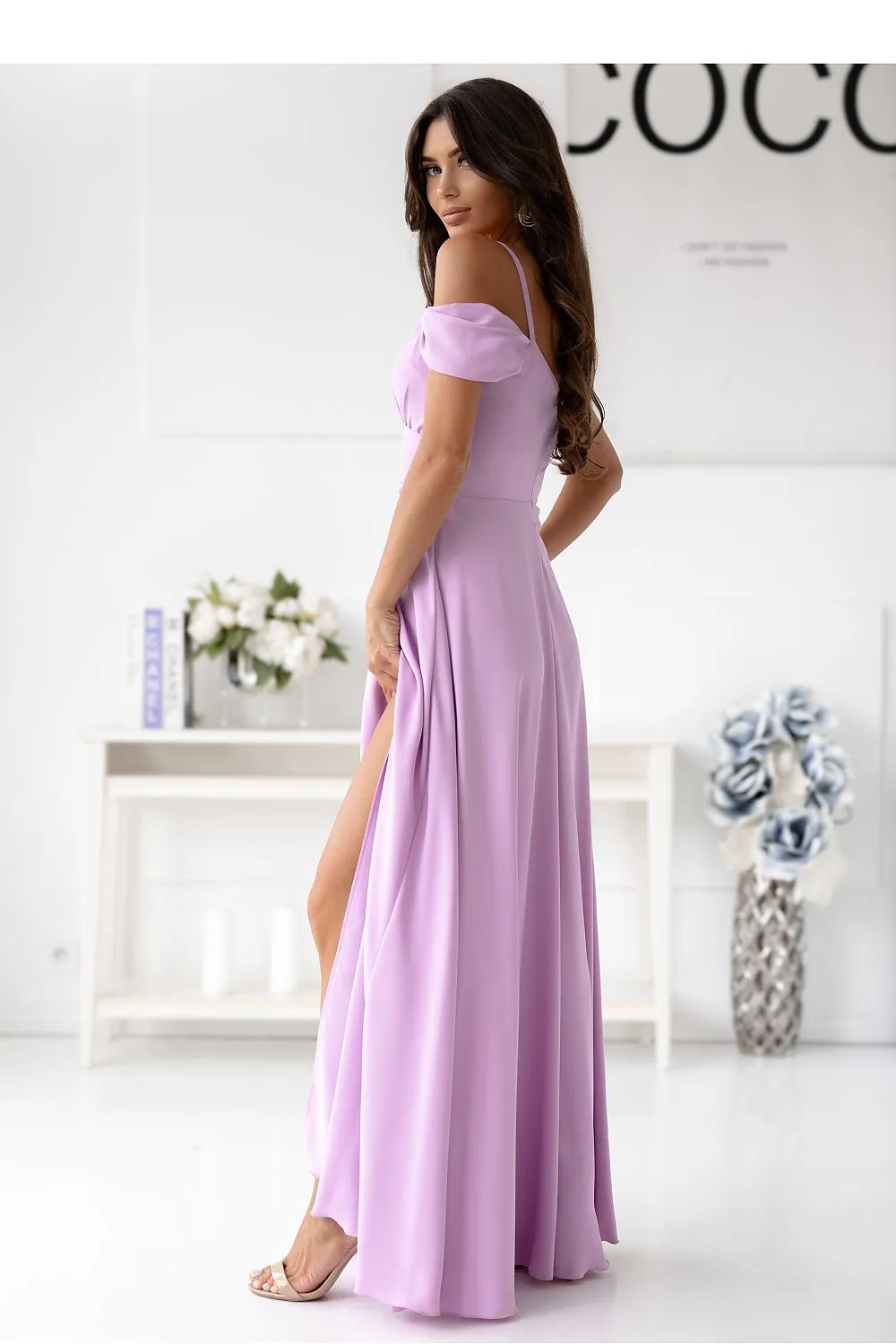 Elegant long formal dress with a wrap neck