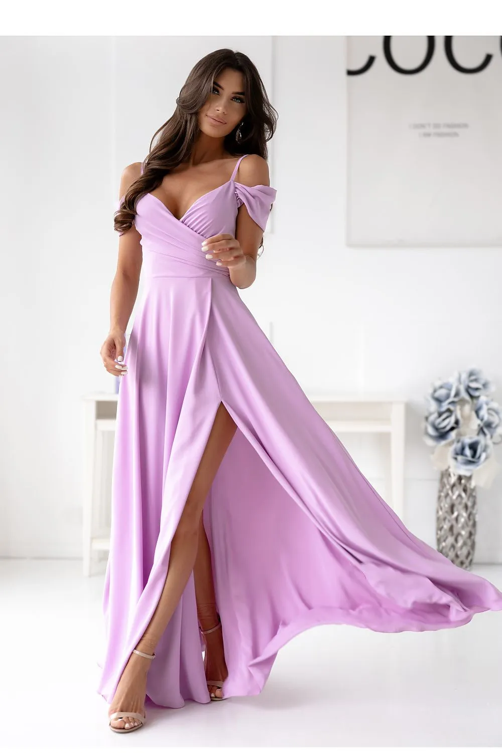 Elegant long formal dress with a wrap neck