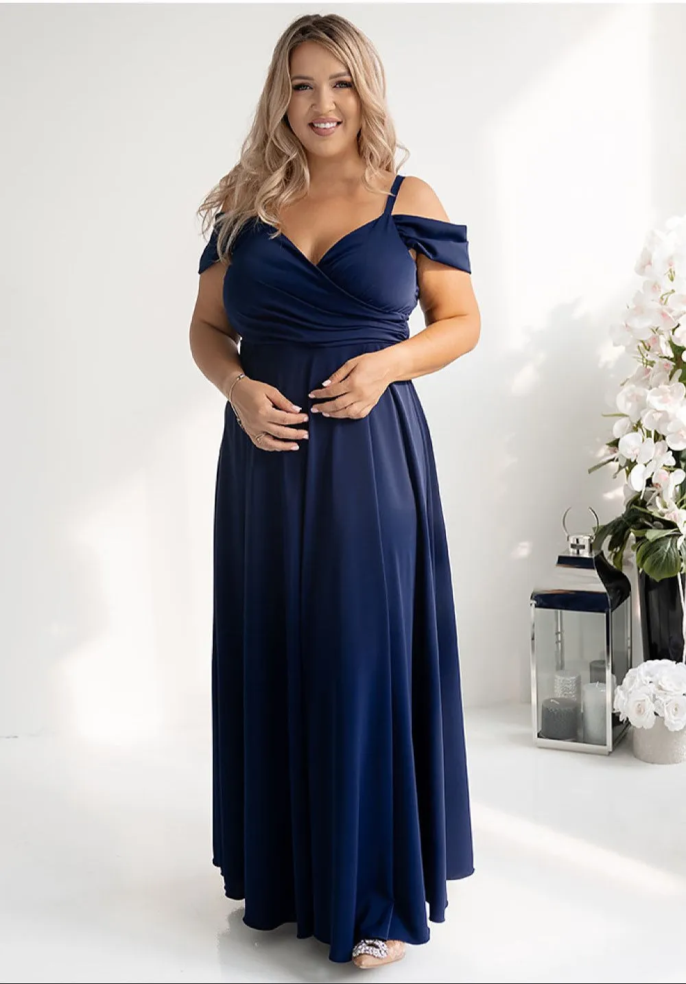 Elegant long formal dress with a wrap neck