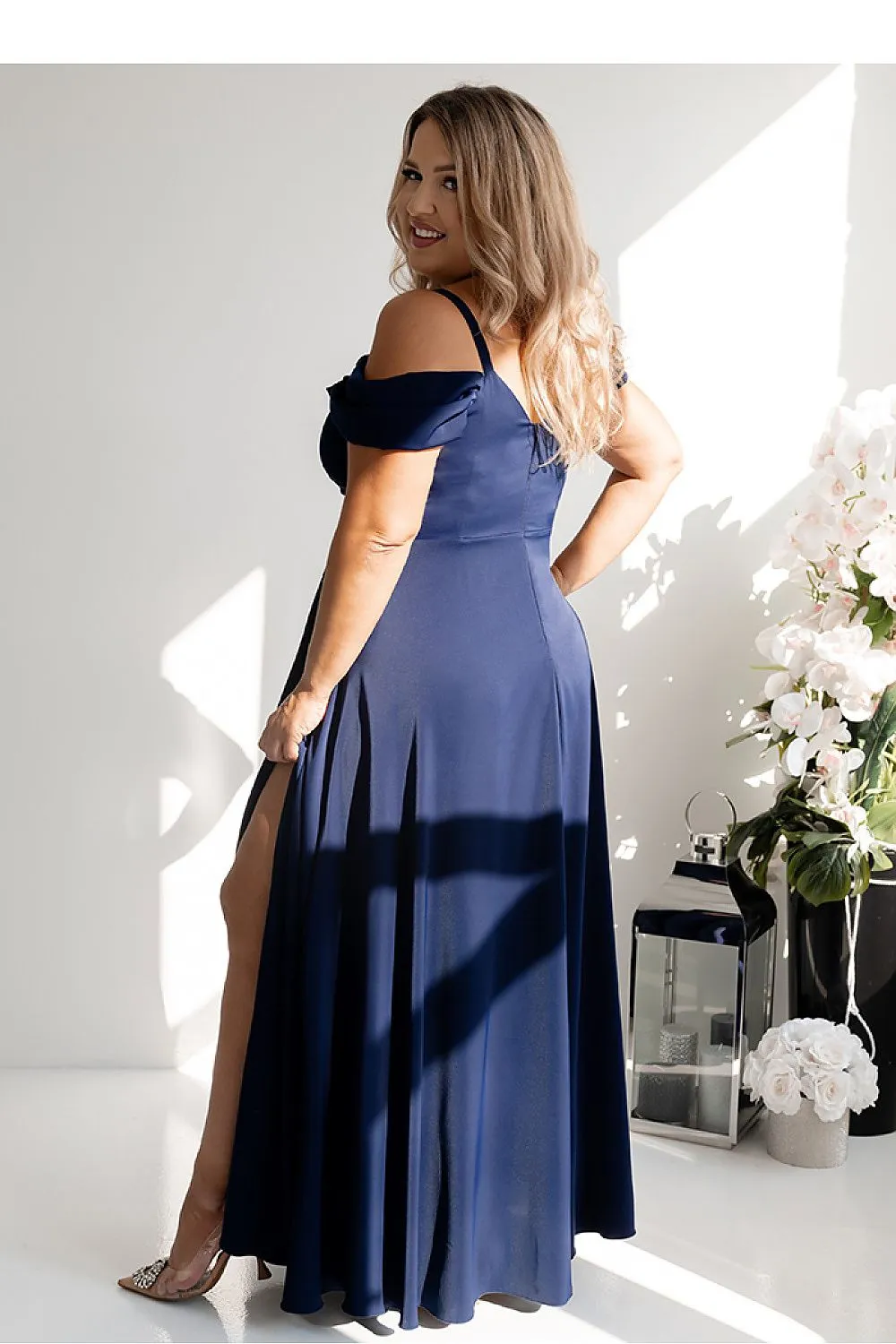 Elegant long formal dress with a wrap neck