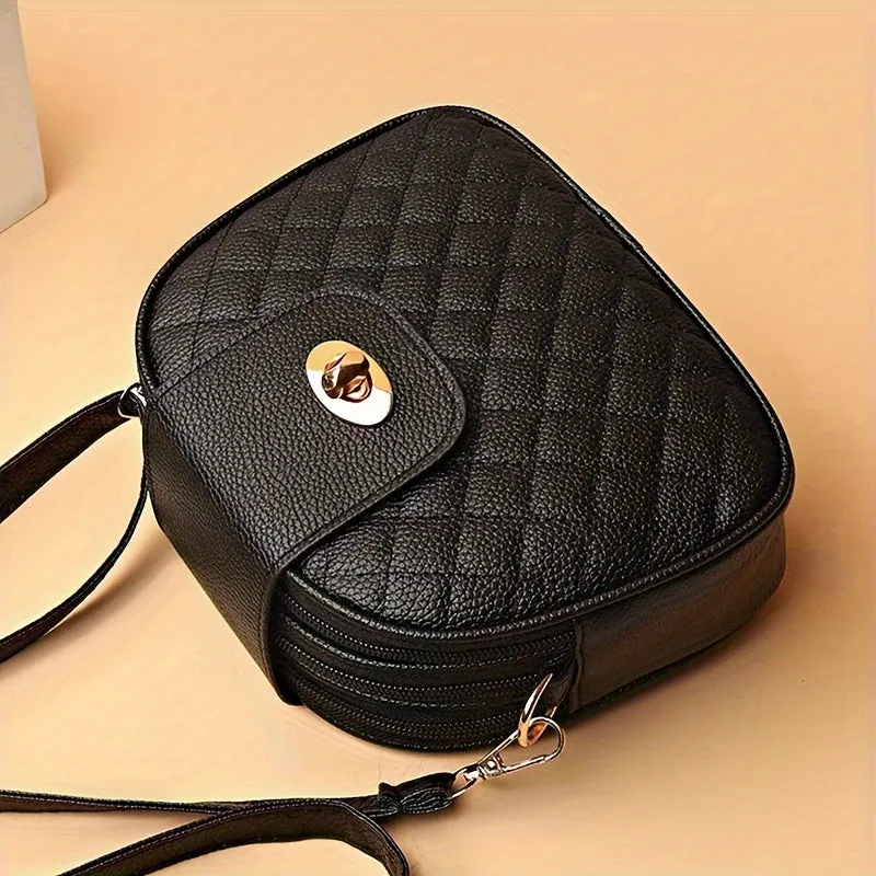 Embroidered Round Shoulder Bag Quilted PU Leather Crossbody