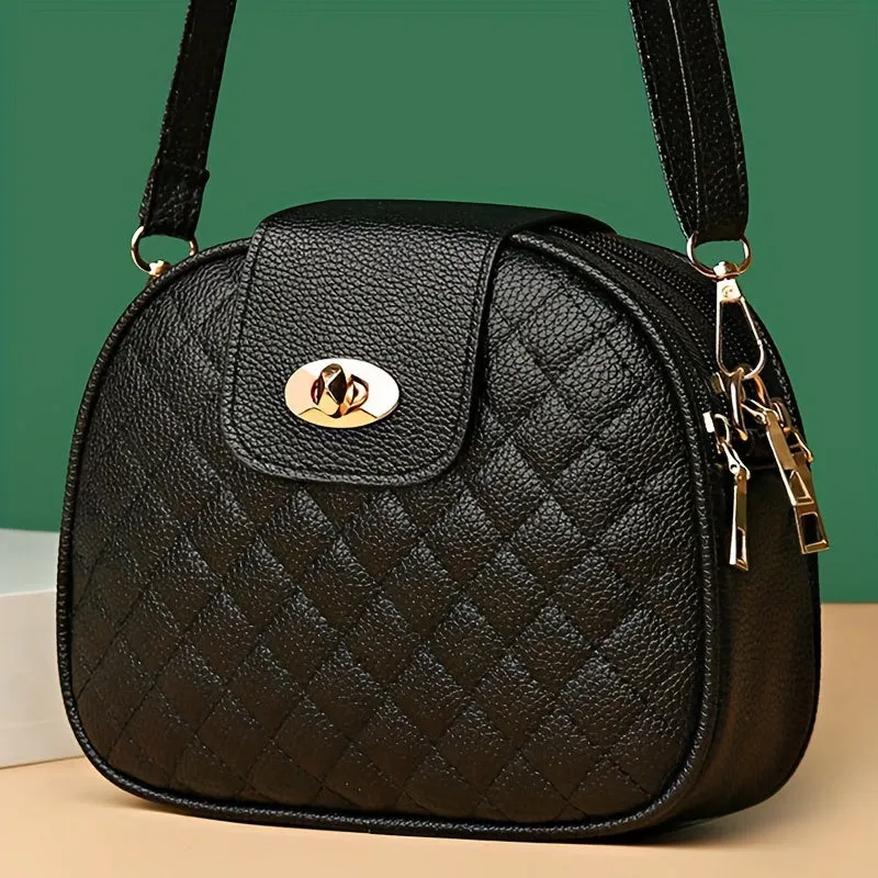 Embroidered Round Shoulder Bag Quilted PU Leather Crossbody
