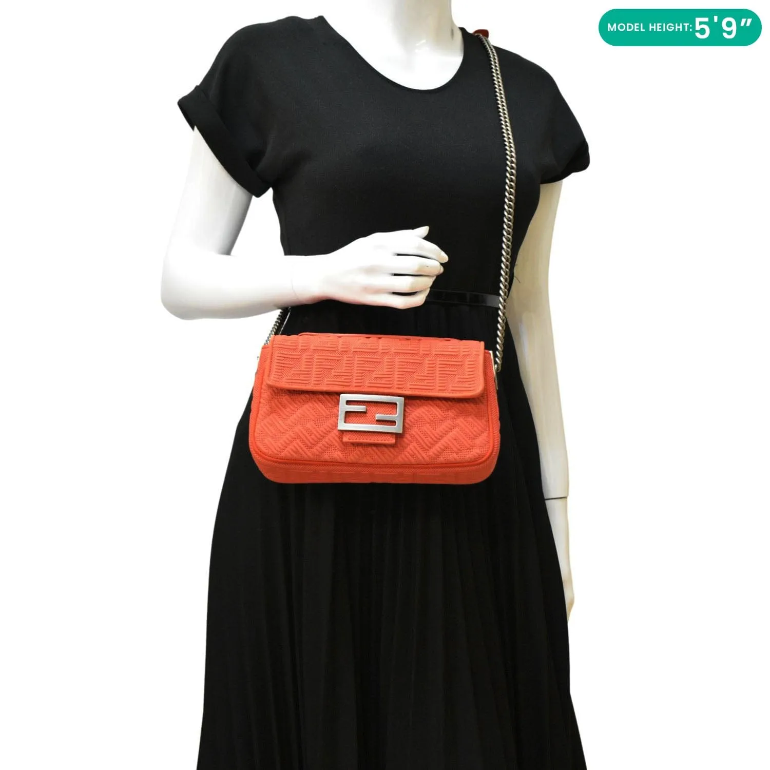 FENDI Baguette Technical Fabric FF Midi Chain Shoulder Bag Orange