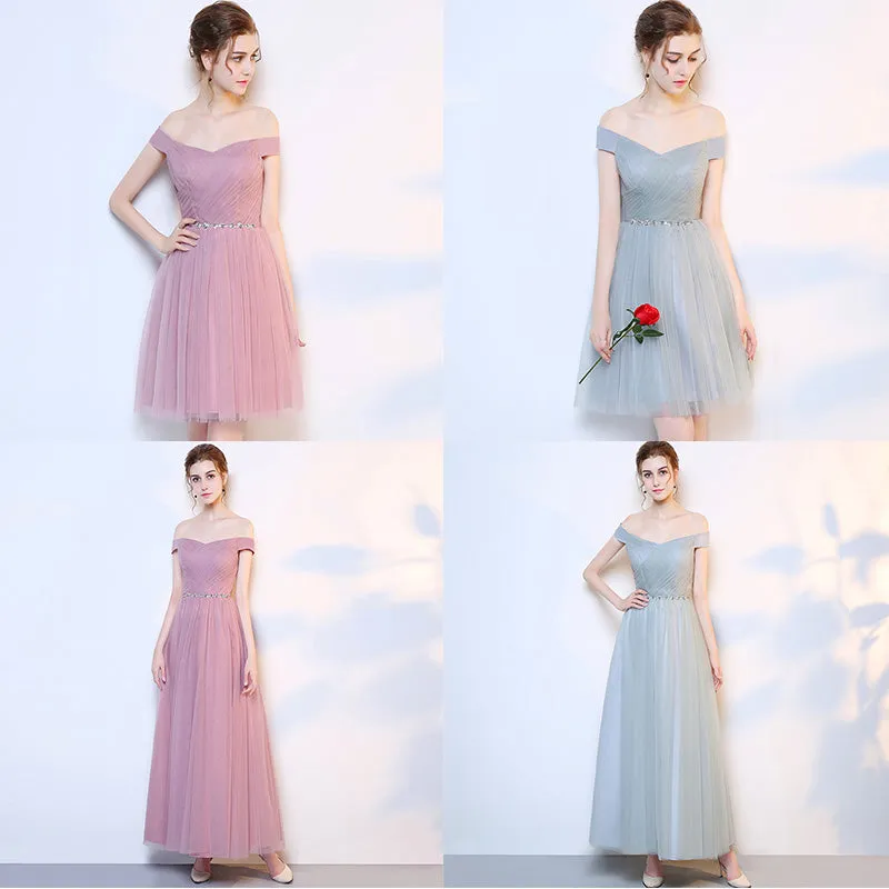[Final Sale] Grey Off the Shoulder Diamond Chain Tulle Long Bridesmaid Dresses