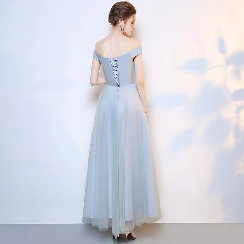 [Final Sale] Grey Off the Shoulder Diamond Chain Tulle Long Bridesmaid Dresses